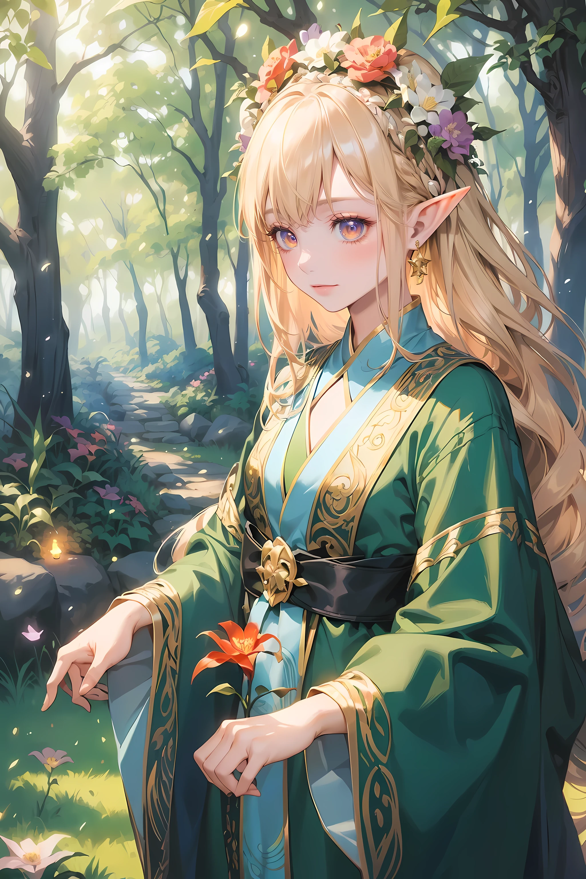 eyeline,(Horny eyes:1.4),(faeries:1.2),(A high resolution,Best quality at best,like a dream,obsessed,at a forest,faeries),(Vibrant colors,ultra - detailed),(美丽Horny eyes,Mottled sunlight,Whimsical creatures,sparkling mysterious mist,Evocative atmosphere otherworldly beauty),(magical light,Faint ethereal light),(in pastel shades,fantasticcolors),(Dancing fireflies,活泼的faeries,Breeze whispered),Exquisite and beautiful silk robe,Elf Robe,(Elf Flower Crown:1.2),(美丽Horny eyes, Vibrant colors, oil painted, flowers in the background, Fantastical Atmosphere, Fantasy elements, Magical environment, 逼真的A high resolution图像, dynamic and energetic),(vibrant with colors:1.5)