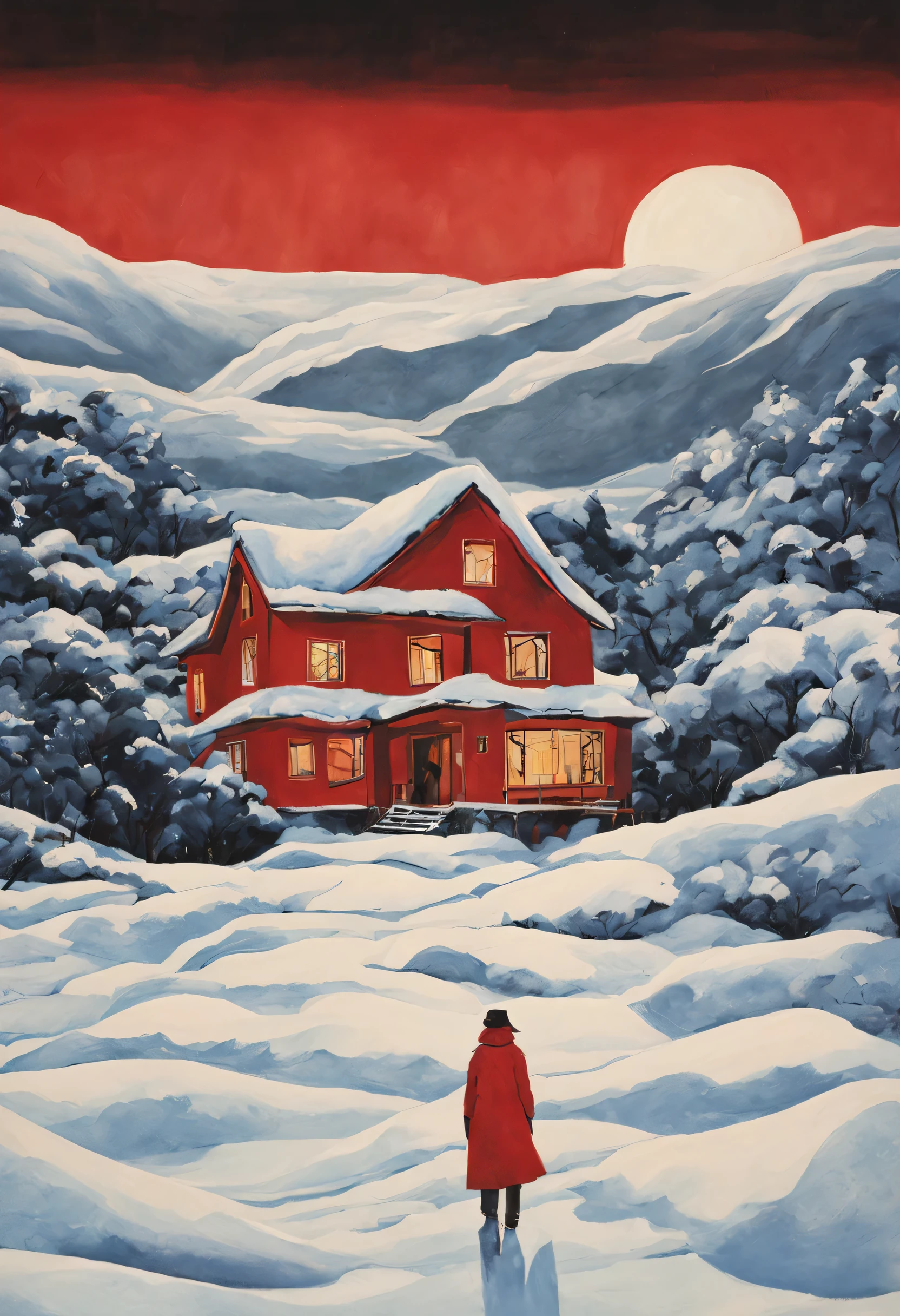 There is a poster of a house in the snow, Inspired by Peter Brooke, (Hamick, author：Kamisaka Yukika, Red sky, Artistic cover, empty mountain under moonlight, In the red dream world, Red sky, Stanley Donwood style, author：Kanaoka Yukase