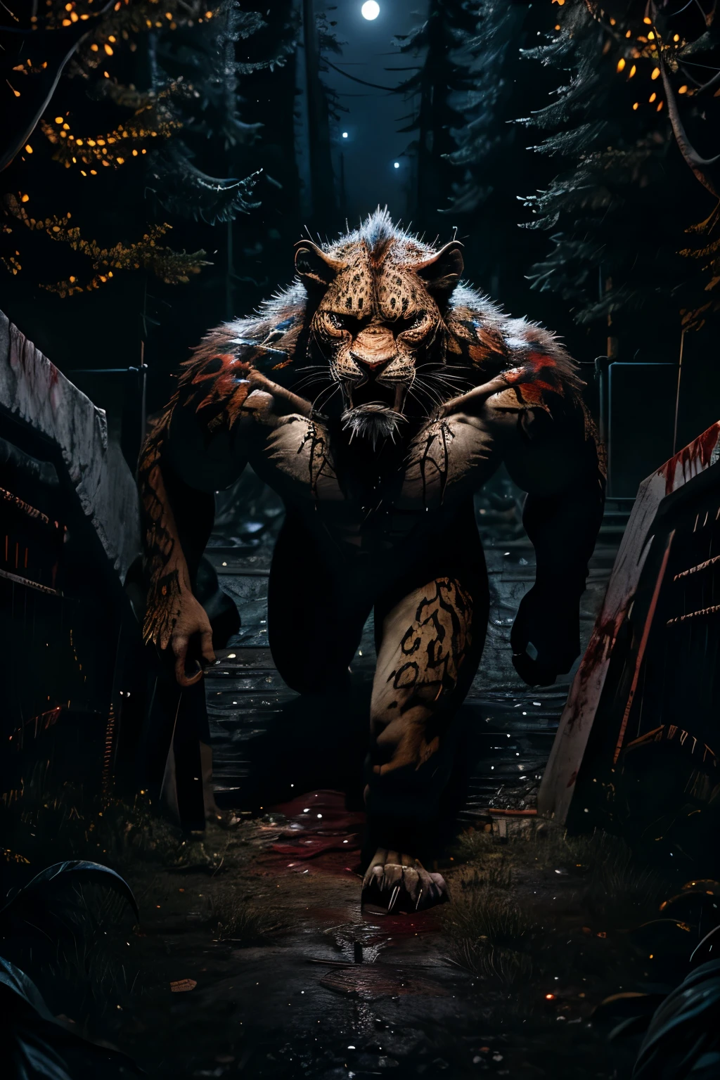 */image prompt/*: Full body photo from above taken with an Olympus OM-D E-Mix 8K UFD camera of realistic creepy beastman Leopard, scariest mutant creature, eyes stared looking to audience, standing Glance from behind the tree with killer expression and roar to the audience pose at night Dark alley, forest, blood splash