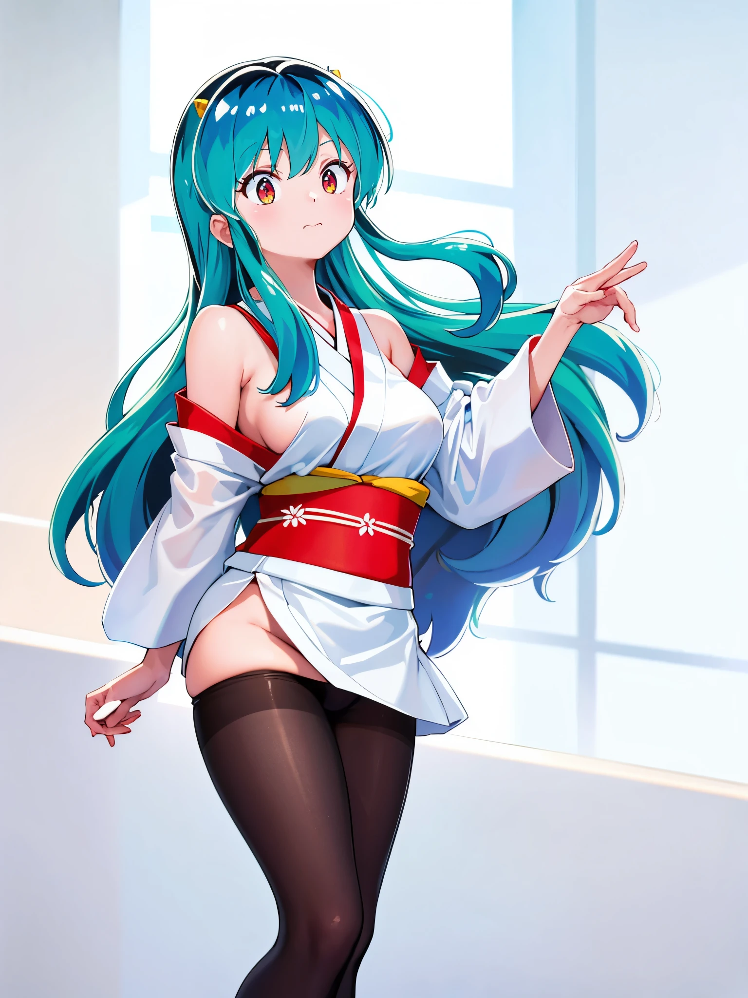 (1girl in),(High quality), (hight resolution), (Highly detailed), (in 8K),(lower body shot),Ram from Urusei Yatsura wears a white and red shoulderless kimono.),(Wearing black pantyhose)No shoes,Perfect Lighting,(Beautifully erect nipple shape:1.1),hight resolutionの美しい目,(Neutral white lighting:1.2),simple background,