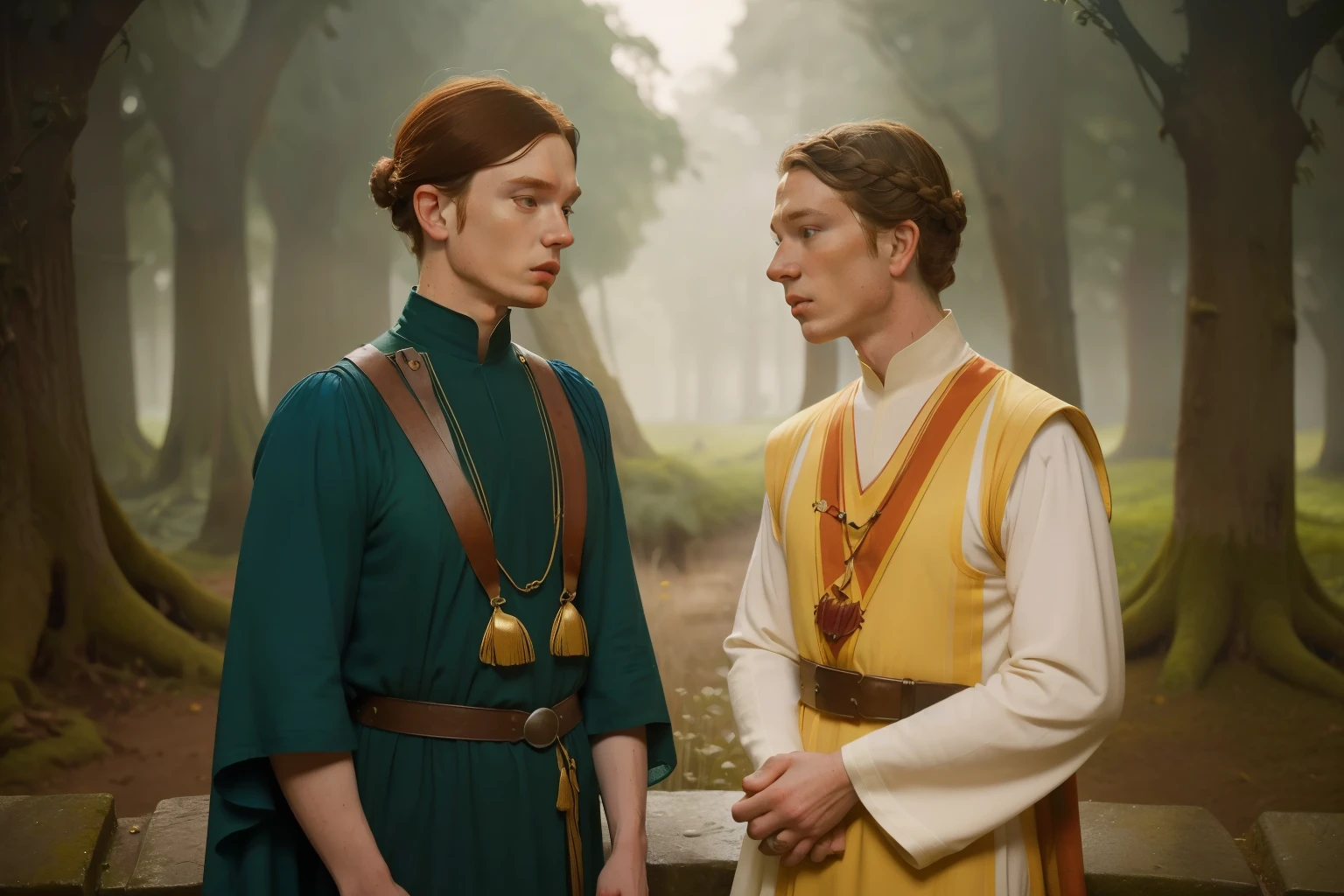 1170, Kingsbridge, England. Otherworldly scene in a medieval forest, ((((46-year-old)) Cameron Monaghan)), ((worried expression)), talking to a younger man, ((((tunic from the 12th century)))), ((Hairstyle of the 12th century)), ((Wes Anderson cinematic style)), colorful