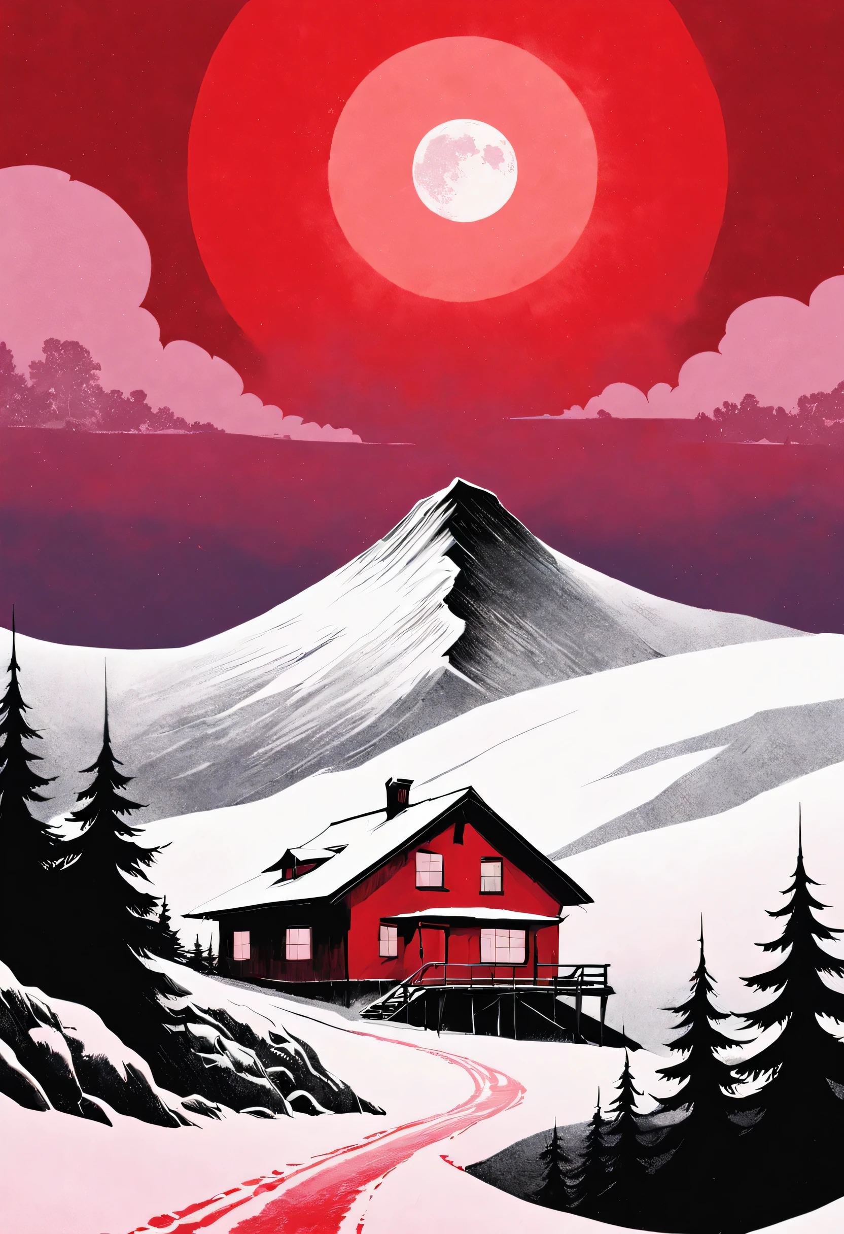 There is a poster of a house in the snow, Inspired by Peter Brooke, (Hamick, author：Kamisaka Yukika, Red sky, Artistic cover, empty mountain under moonlight, In the red dream world, Red sky, Stanley Donwood style, author：Kaneoka Yukase