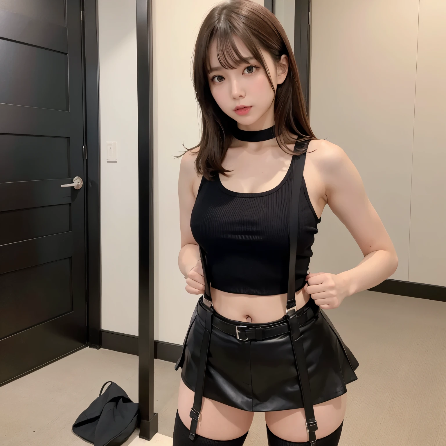 Brown hair、watching at viewers　　suspenders　　　Bulging big breasts　　 　 　　　　Black miniskirt　garterbelts　knee high socks　　　　　　Gaze　　　Small face　bangss 　　　　　Beautuful Women　　hands up　　 　Gaze 　Black boots 　provocation　　Armpit sweat　soio 　　Fold your hands behind your back　Tank tops