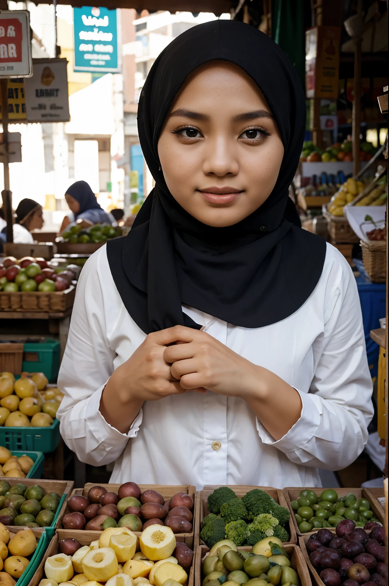 Cute young malay girl wearing yellow hijab and blue jean, topless, in a grocery store
