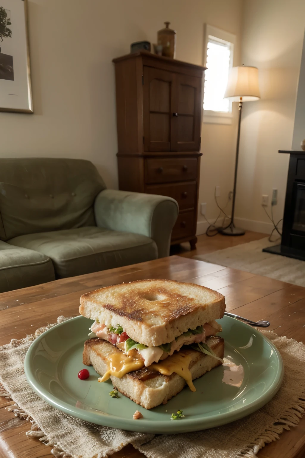 grilled cheese and pink hummus sandwich on a green plate on a living room table
simple and somewhat gross looking
landscape