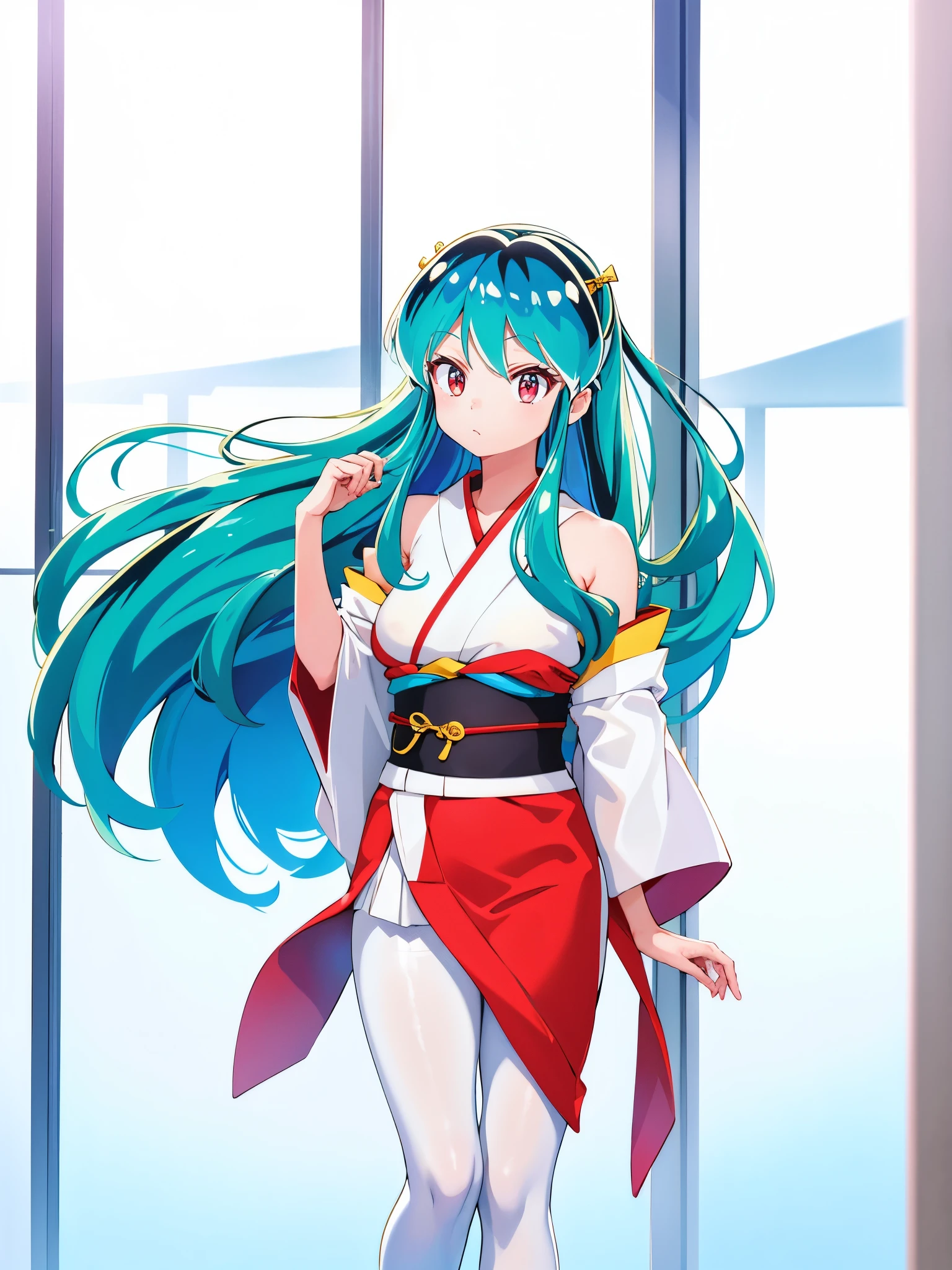 (1girl in),(High quality), (hight resolution), (Highly detailed), (in 8K),(lower body shot),Ram from Urusei Yatsura wears a white and red shoulderless kimono.),(Wearing black pantyhose)No shoes,Perfect Lighting,(Beautifully erect nipple shape:1.1),hight resolutionの美しい目,(Neutral white lighting:1.2),simple background,