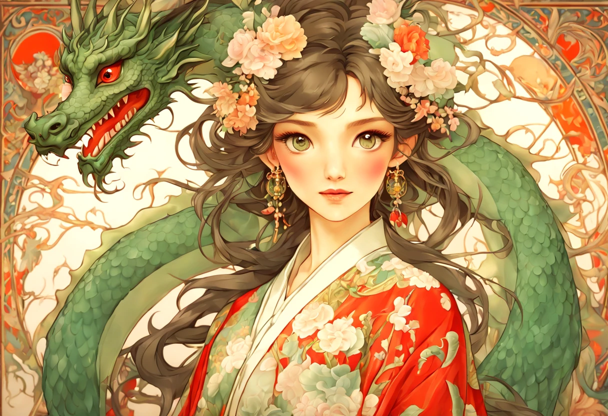 (best quality photo of an ultra beautiful girl wearing a see-through red kimono with a dragon in perfect geometrical harmony:1.3), (Alfons Mucha’s artwork:1.4 )(Fractal Art, colorfull, florals, artistic fantasy art, vivid colors:1.2), (An extremely delicate and beautiful work:1.2),(she is the embodiment of beauty and allure, her clothes are soft and light texture as air,), (pop dragon, cute dragon, unreal dragon, green dragon, the dragon made of flower :1.2),A very beautiful and attractive woman, (perfect anatomy:1.1),shiny skin ,(teenage:1.2),(detailed face), detailed eyes, black eyes, lustrous lips ,(looking at viewer), subtle smile, beautiful figure, slender abs, dark brown long hair,(best quality, masterpiece, ultra detailed, ultra high res, photorealistic, raw photo, absurdres, absolutely resolution:1.4),