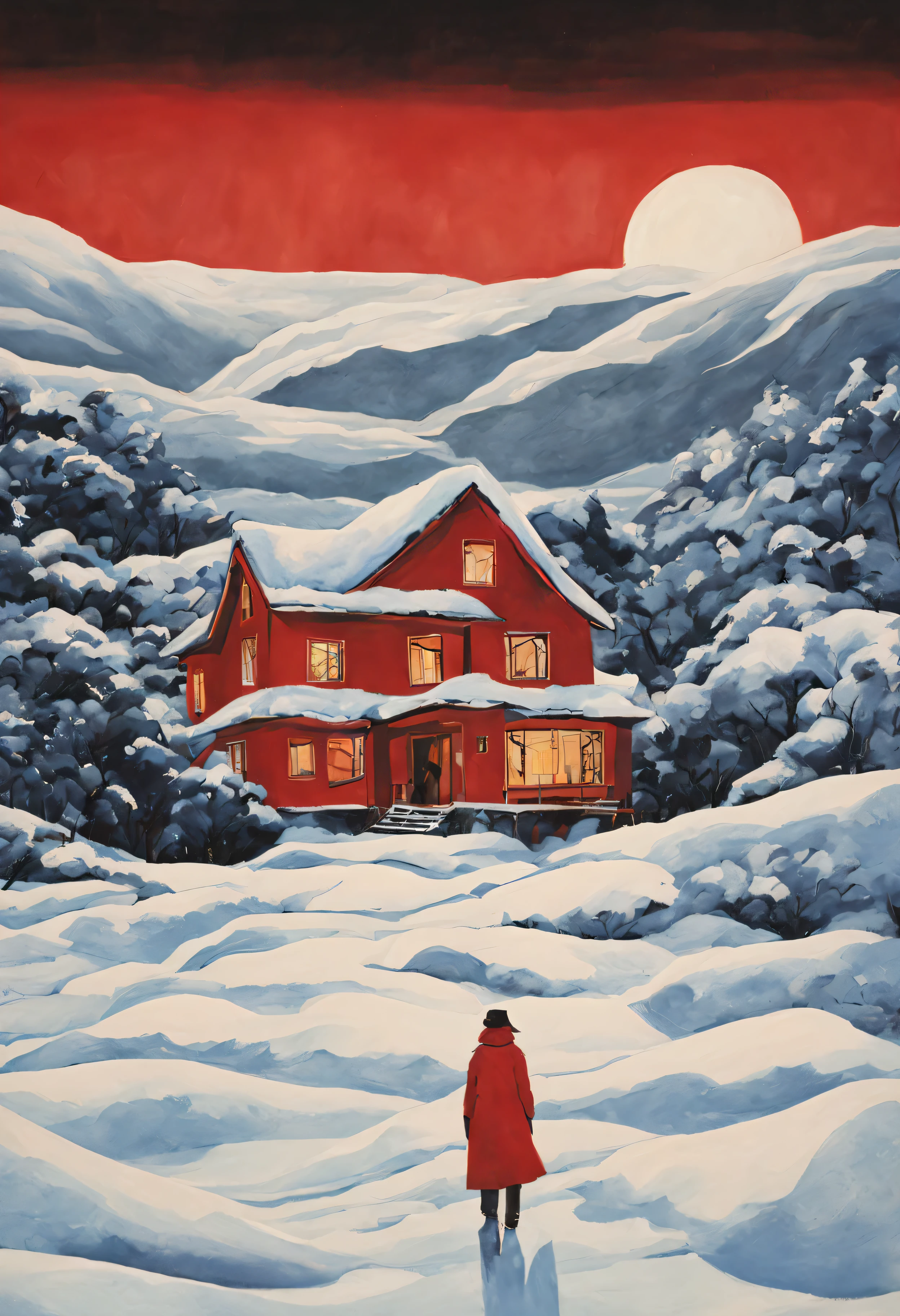 There is a poster of a house in the snow, Inspired by Peter Brooke, (Hamick, author：Kamisaka Yukika, Red sky, Artistic cover, empty mountain under moonlight, In the red dream world, Red sky, Stanley Donwood style, author：Kaneoka Yukase