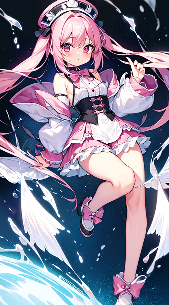 (tmasterpiece)、(quality)、(ultra - detailed)、(独奏)、Beautiful girl 、small、middling,bshoulders、to emphasize、Thighs exposed、Long white hair,bshoulders、White super short lolita,bare-legged,Look at the camera shyly,Grab the hem of the skirt,lifted up,(Clear liquid flows from thigh to calf),fully body photo,(in pink)