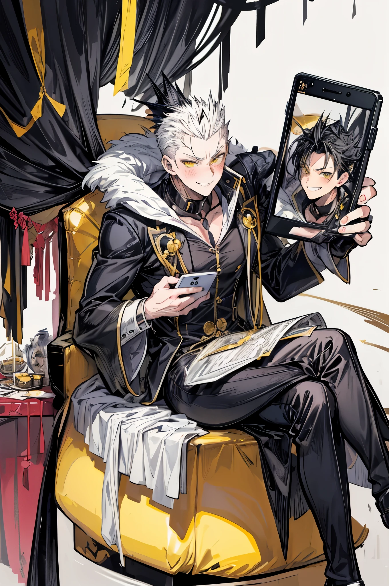 (flat color:1.1),(masterpiece:1.2), best quality, masterpiece, original,short black spiked hair, yellow eyes and accents, (mature handsome anime man looking at the camera with a smile and blush:1.2), CEO, holding phone camera