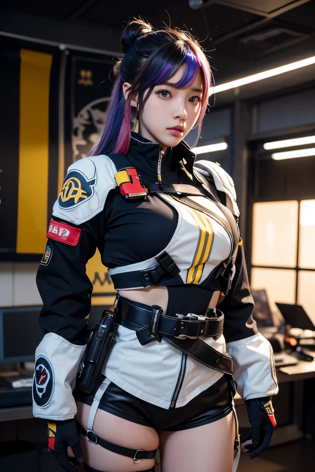 there is a woman in a costume that is posing for a picture, trending at cgstation, korean girl, sakimichan, amouranth, trending on cgstation, sakimichan frank franzzeta, inspired by Leng Mei, (sfw) safe for work, intriguing outfit, makoto shinkai ( apex legends ), as overwatch character, rainbow hair