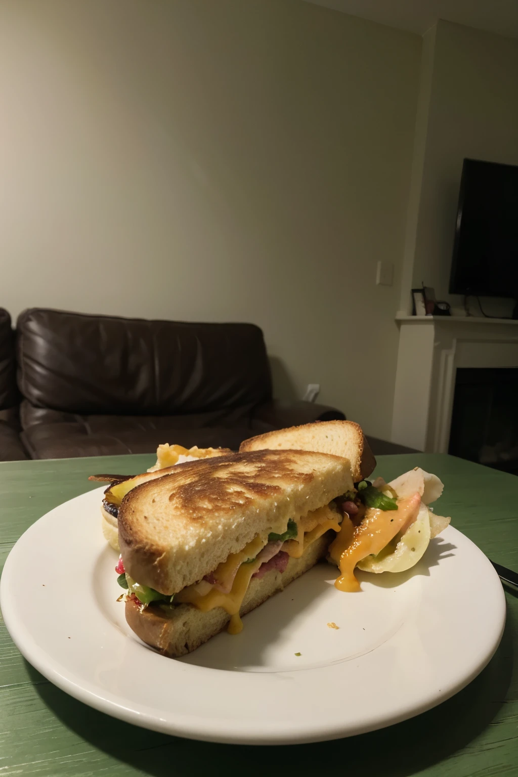 grilled cheese and pink hummus sandwich on a green plate on a living room table
simple and somewhat gross looking
landscape and looking like an amateur iphone photo