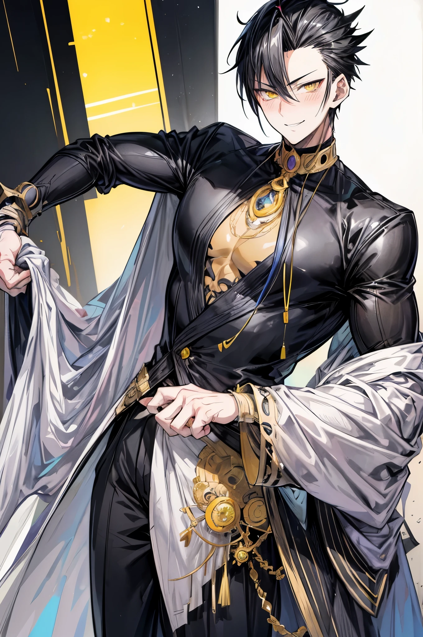 (flat color:1.1),(masterpiece:1.2), best quality, masterpiece, original,short black spiked hair, yellow eyes and accents, (mature handsome anime man looking at the camera with a smile and blush:1.2), CEO, holding phone camera