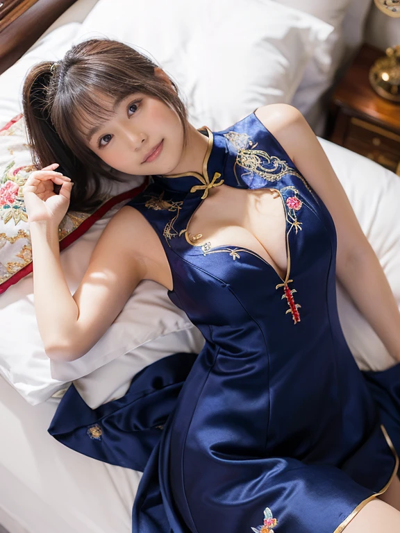 8K、Ultra-precise rendering、Photo Quality(16yo girl、a small face、Extremely beautiful face, natural make up)(fair white skin)(sparkly eyes、)、kawaii faces、Bright smile、、round large chest、Beautiful valley，thin-waist、big butts、Navy blue Chinese dress that shows cleavage，long，((poneyTail))ornamented，bedroom in the palace((very short mini cheongsam dress、sexy chinese dress、deep cuts on the sides、Intricate and intricate embroidery throughout the body，rhinestone))((Lying on your back in bed:1.2))、Shot from directly above、Looking at the camera、Inviting Pose、vertical angle