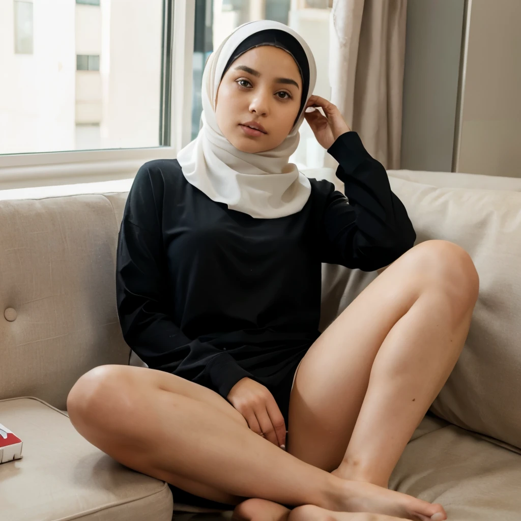 a hijab girl sitting with her thighs exposed