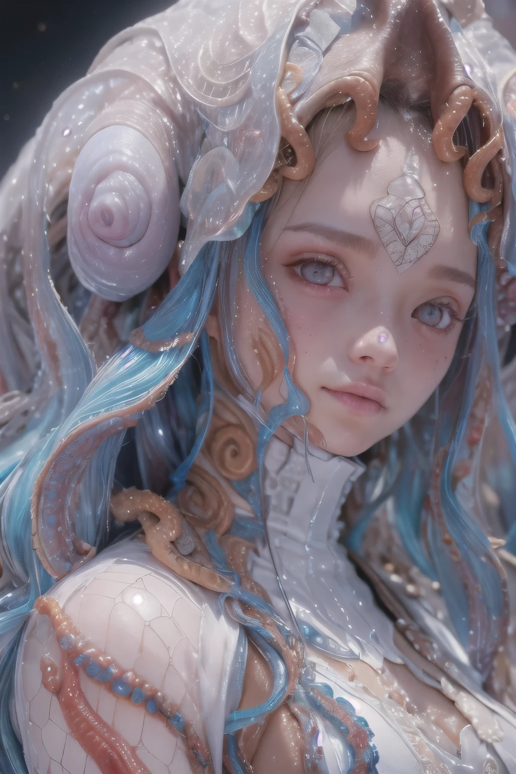 Portrait, (beautiful female alien:1.2),  (she has red eyes with no pupils:1.8), (Translucent skin:1.7),  (There is a female genital-like organ in the middle of the forehead:1.9), (The most beautiful face in the history of the universe:1.2),an evil gaze that seduces, (large mouth:1.1), (sharp teeth like a vampire:1.2), Full body like, (bio luminescent:1.5), (Smile wickedly:1.3),  (sexypose:1.5), alien, No humans, cells are fused, (Lots of translucent tentacles:1.3) extraterrestrial, cell, bio image, Best Quality, 8K,4K_quality, High Definition, Dramatic Lighting, masutepiece:1.5,cinematic quality, detail up, (Intricate details:1.2), High resolution, High Definition, drawing faithfully, (Thick eyebrows:1.2), Beautiful eyes with fine symmetry,(Highly detailed face and eyes:1.2), Intimate face, (Super detailed skin quality feeling:1.4), Perfect Anatomy,  (Beautiful toned body:1.5),  (Moist skin:1.2), No makeup, (dark circles:1.1), long canines, cinematic drawing of characters, ultra high quality model, cinematic quality, detail up, (Intricate details:1.2), High resolution, High Definition, drawing faithfully, Official art, Unity 8K wall  , 8K Portrait, Best Quality, Very High resolution, ultra detailed artistic photography, midnight aura,  unreal enginee 5, Ultra Sharp Focus, art by alberto seveso, ArtGerm, Roisch, intricate artwork, best quality, masutepiece, ultra High resolution, (photos realistic:1.4), Ultra-realistic realism, dream-like,  nautilus, Creation of fantasy, Snail, Dream Snail,  biopunk nautilus, Thrilling color schemes， Ultra-realistic realism， seductively smiling, Blue tentacles,