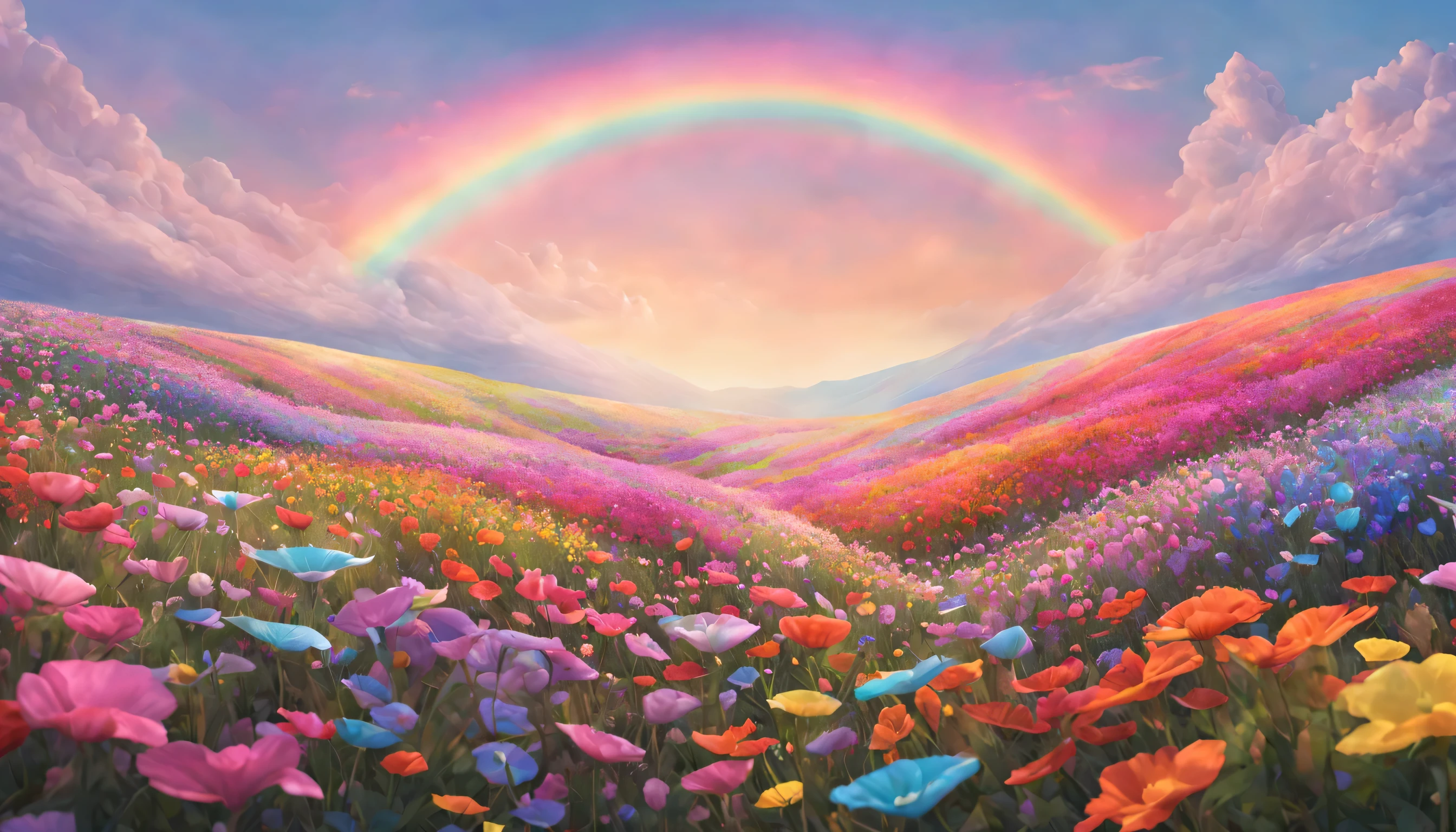 Floral Fantasy: A field of rainbow-colored flowers stretches endlessly towards a pastel sky, their petals shimmering with a soft, ethereal glow. Render a RAW landscape masterpiece, showcasing the vibrant colors, the delicate textures of the petals, and the dreamlike quality of the scene. (Best HD detailed, High quality, 32k)