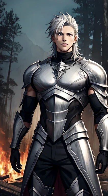 Fantasy art warrior, handsome face, silver hair, dragon eyes, muscular body, ripped muscle, ectomorph body type, chaos armor, dynamic pose, sigma male, forest at the behind