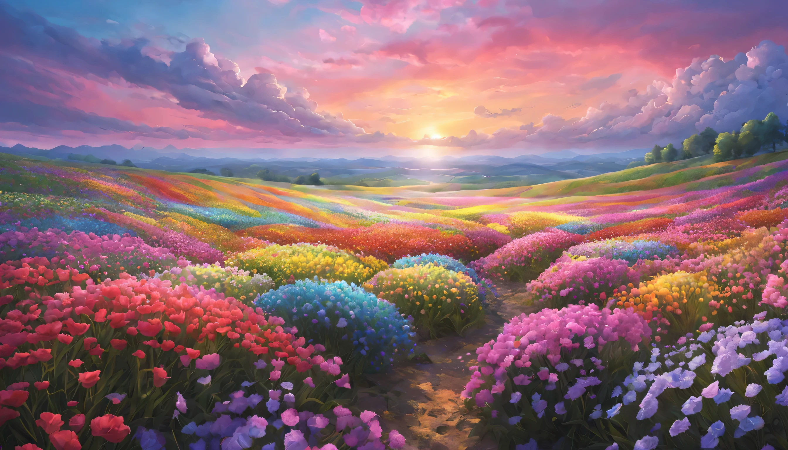 Floral Fantasy: A field of rainbow-colored flowers stretches endlessly towards a pastel sky, their petals shimmering with a soft, ethereal glow. Render a RAW landscape masterpiece, showcasing the vibrant colors, the delicate textures of the petals, and the dreamlike quality of the scene. (Best HD detailed, High quality, 32k)