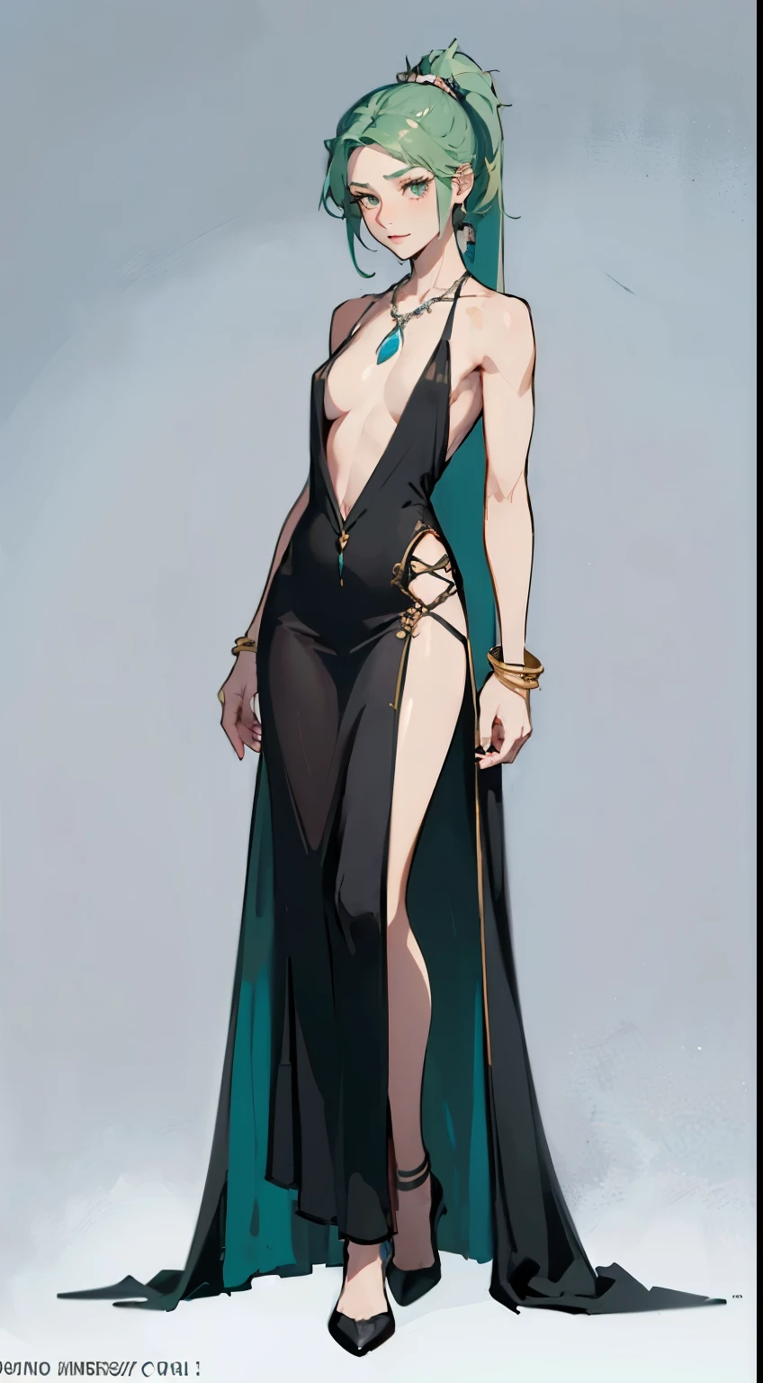 ((masterpiece,best quality,8k,highres)),((character concept art)), 1 female, middle-age woman, empress, 175cm height, straight hair, ponytail, (hunter green hair colour), ultra finely detailed eyes (yelloq eyes colour), extraordinary charming, gorgeous, (gentle smile), ((petite breasts, small breasts, flat breasts)), athlete body build ((muscular)), ((intricate detail)), super finely detailed hands, ultra finely detailed fingers(((ten fingers))), sleeveless Nun outfit (black colour outfit), earrings, necklace, bracelet, (standing still), (full body showcase), (show full body), (no logos on background), (no logo), ((plain background)), ((plain background)), (((empty background)))