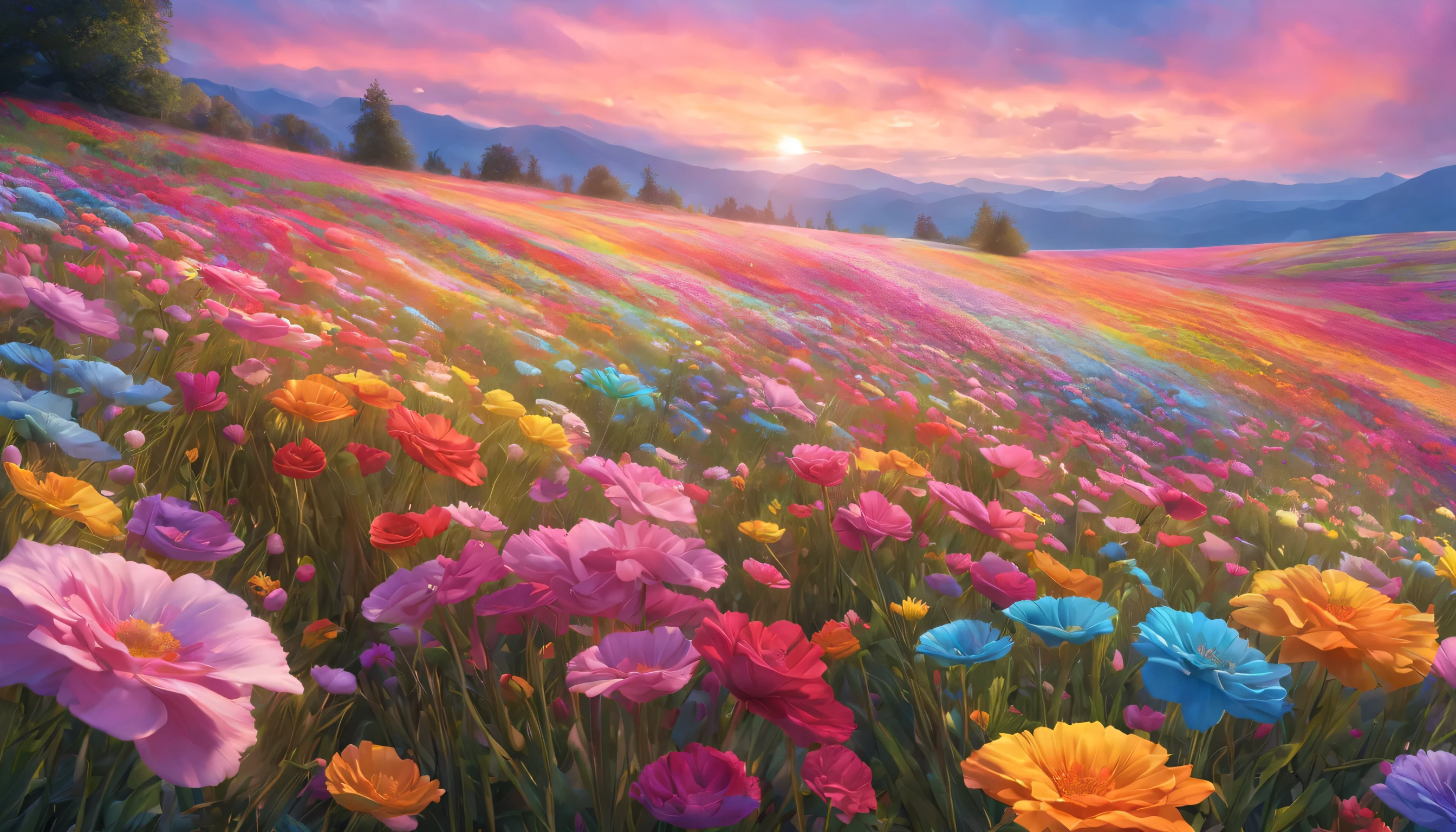 Floral Fantasy: A field of rainbow-colored flowers stretches endlessly towards a pastel sky, their petals shimmering with a soft, ethereal glow. Render a RAW landscape masterpiece, showcasing the vibrant colors, the delicate textures of the petals, and the dreamlike quality of the scene. (Best HD detailed, High quality, 32k)