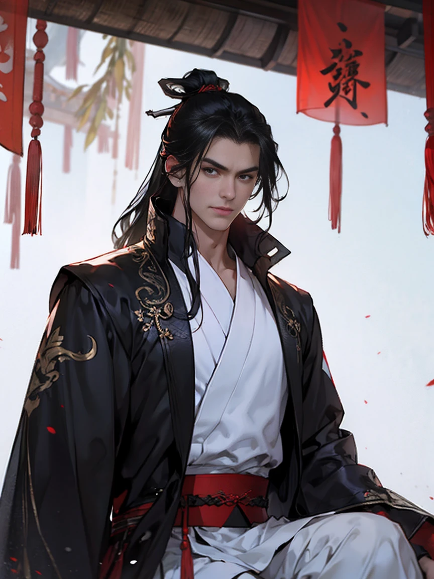 3, (1人) man wearing black coat, Black Hanfu, black hair color hair, Exuding the aura of a king, bedazzled, Handsome, and with an outstanding temperament, is powerless, Looking helplessly. (Background with: Inside the sacred and magnificent ancient Chinese palace hall)