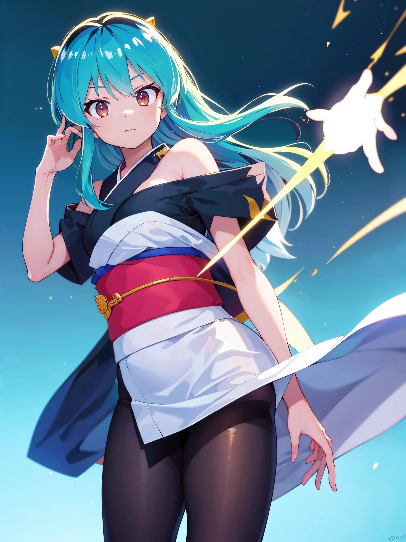 (1girl in),(High quality), (hight resolution), (Highly detailed), (in 8K),(lower body shot),Ram from Urusei Yatsura is wearing a shoulderless kimono.),(Wearing black pantyhose)No shoes,Perfect Lighting,(Beautifully erect nipple shape:1.1),hight resolutionの美しい目,(Neutral white lighting:1.2),simple background,