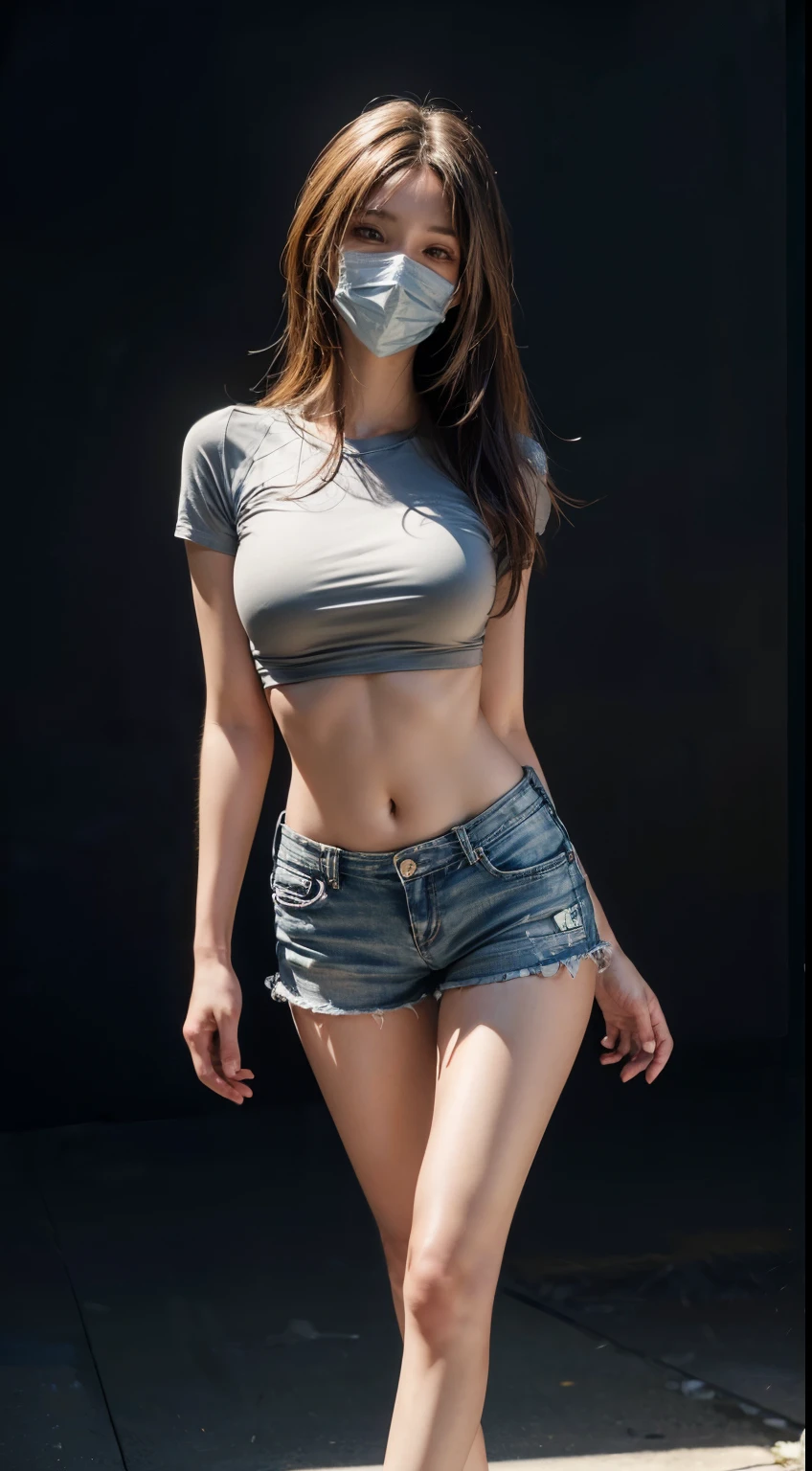 Best Quality, Masterpiece, High Resolution, 8K, (Realistic: 1.4), Ultra High Resolution, 1 Girl, Ultra Detailed, Surreal, Highly Detailed CG Illustration, Official Art, Cinematic Light, Reality, Young Beautiful Girl, Perfect Figure, Perfect Figure, Full View, Perfect Body, (Starting below: 1.3), Mask, Pose, Sexy Long Legs, Confident, Beautiful Sexy, Grey Short Sleeves, Open Abdomen, Black Super Shorts, S-shaped Body, Upturned Hips, Assuming, Posing, Different Perspectives