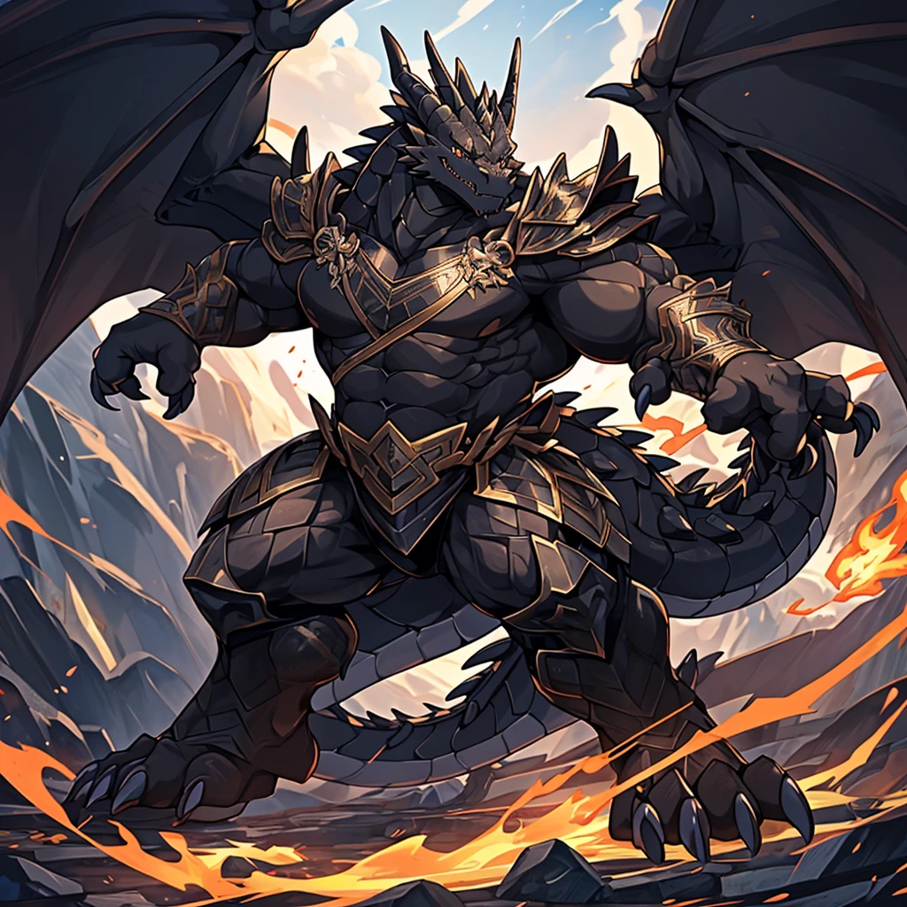 The violent and powerful Black Dragon King，big dragon，(The Black Dragon King wears modern black gold armor：55)，(Broad dragon body，Majestic wingspan，Sharp dragon claws，Thick dragon tail：2)，Stout physique，Long Yan，Overwhelming presence，Whole body diagram，The is very detailed，4k高清