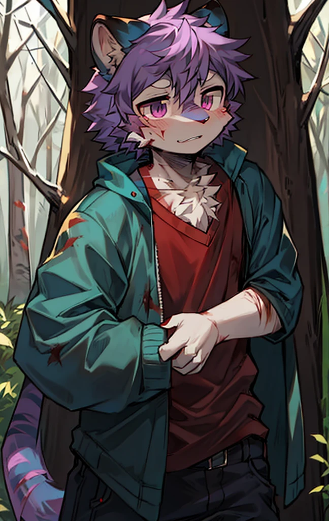 shaggy,shaggy的,身体shaggy的,Wear blue clothes and pants,独奏,Blue fur,Purple stripes,Purple colored hair,a tiger,male people,purpleeyes,Non-human、Covered in scars、Leaning against a tree in the forest、blood stain、The expression is cold、Scarred、浑身blood stain、natta