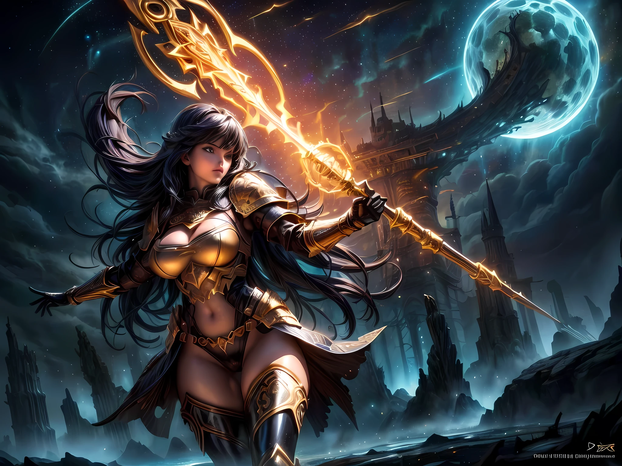 high details, best quality, 16k, [ultra detailed], masterpiece, best quality, (extremely detailed), dynamic angle, ultra wide shot, photorealistic, ((fantasy art)) ((larry elmore style)), dnd art, rpg art, realistic art, female human druid of the stars, guardian of nature, controlling magical energy made of stars, swirling blue stary magical light, divine symbols GlowingRunes_yellow (1.5 intricate details, Masterpiece, best quality), human female,  extremally beautiful, ultra feminine, dynamic hair, dynamic hair color, wearing leather armor CM-Beautiful_armor, holding a staff, moon light, stars, dynamic natural background,  RPG art, magical atmosphere magic-fantasy-forest, ultra best realistic, best details, best quality, 16k, [ultra detailed], masterpiece, best quality, (extremely detailed), ultra wide shot, photorealism, depth of field, hyper realistic painting, 3D rendering