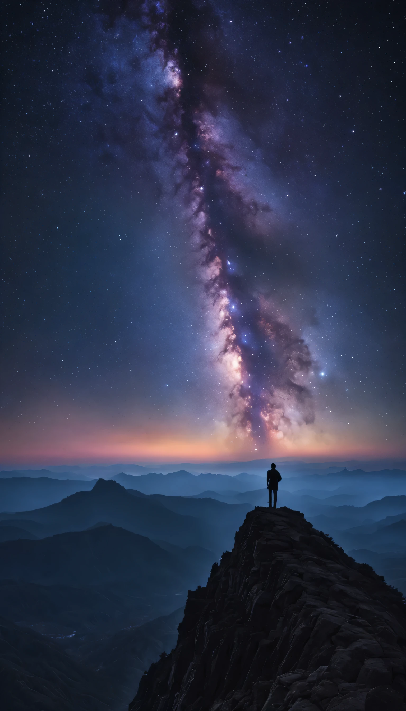 Starlight Wanderer: A lone figure stands atop a towering mountain peak, their silhouette outlined against a breathtaking expanse of starry sky. Capture a RAW portrait masterpiece, focusing on the vastness of the cosmos, the delicate glow of the stars, and the sense of solitude and awe. (Best HD detailed, High quality, 32k)