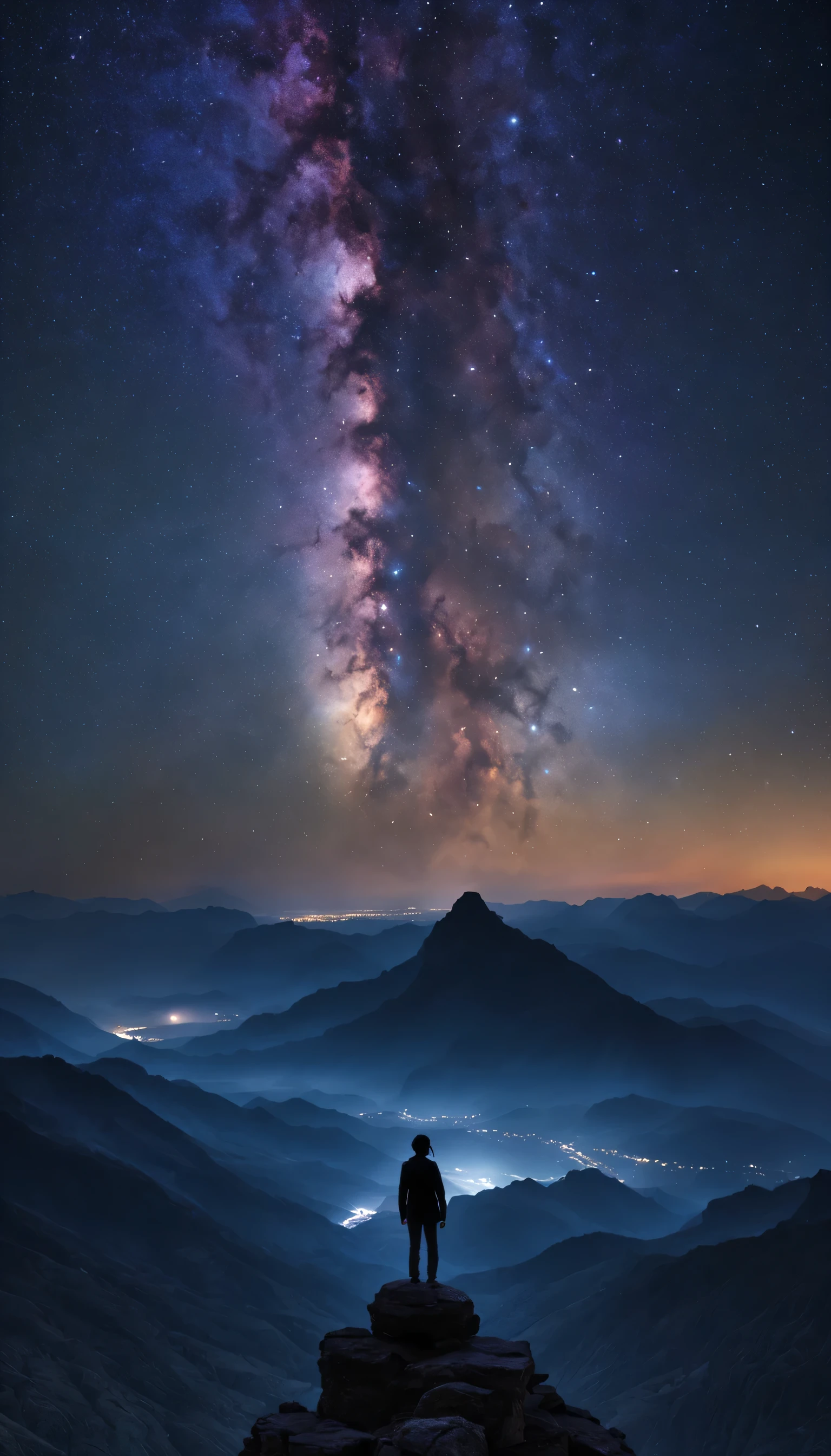 Starlight Wanderer: A lone figure stands atop a towering mountain peak, their silhouette outlined against a breathtaking expanse of starry sky. Capture a RAW portrait masterpiece, focusing on the vastness of the cosmos, the delicate glow of the stars, and the sense of solitude and awe. (Best HD detailed, High quality, 32k)