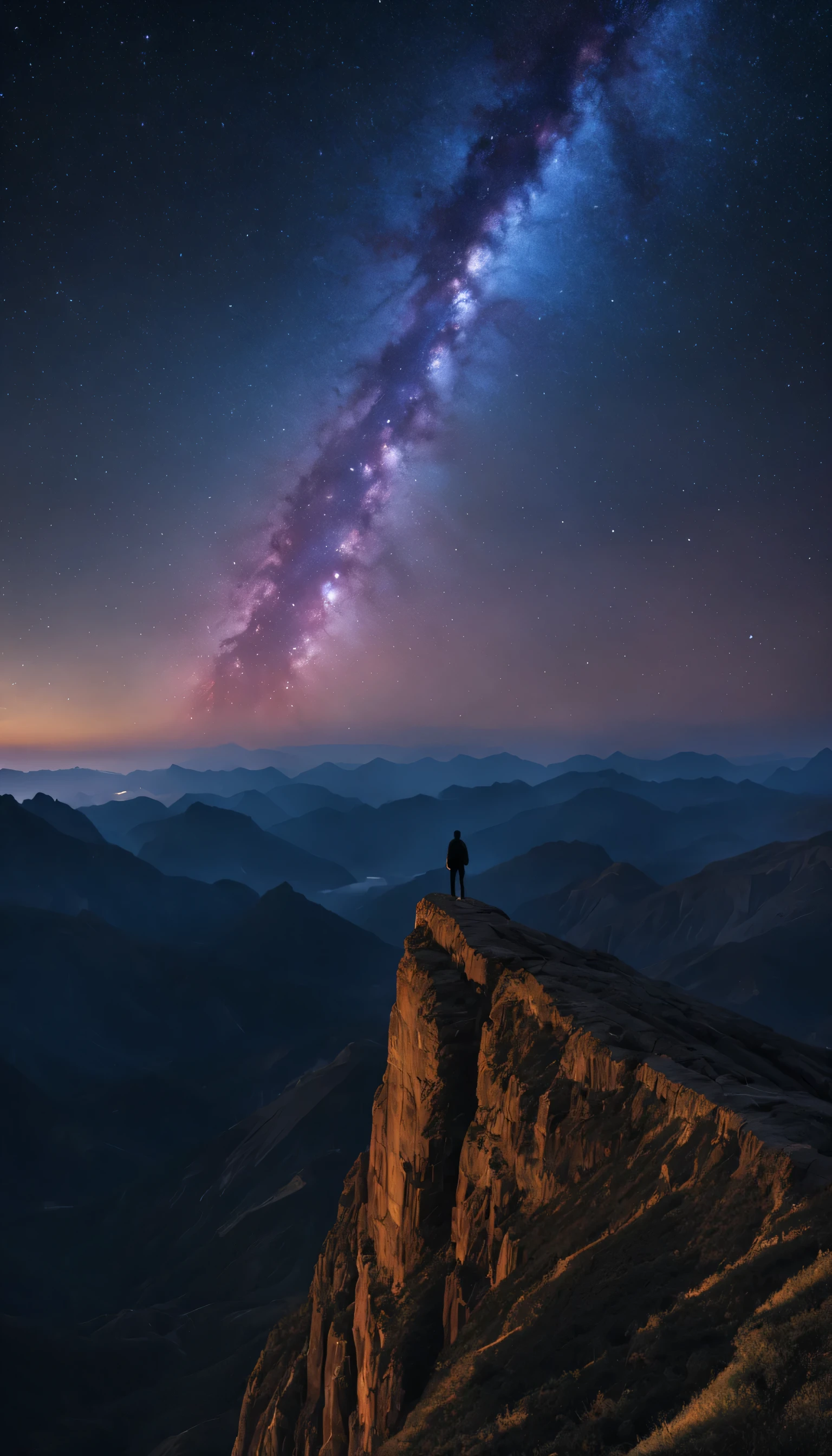 Starlight Wanderer: A lone figure stands atop a towering mountain peak, their silhouette outlined against a breathtaking expanse of starry sky. Capture a RAW portrait masterpiece, focusing on the vastness of the cosmos, the delicate glow of the stars, and the sense of solitude and awe. (Best HD detailed, High quality, 32k)