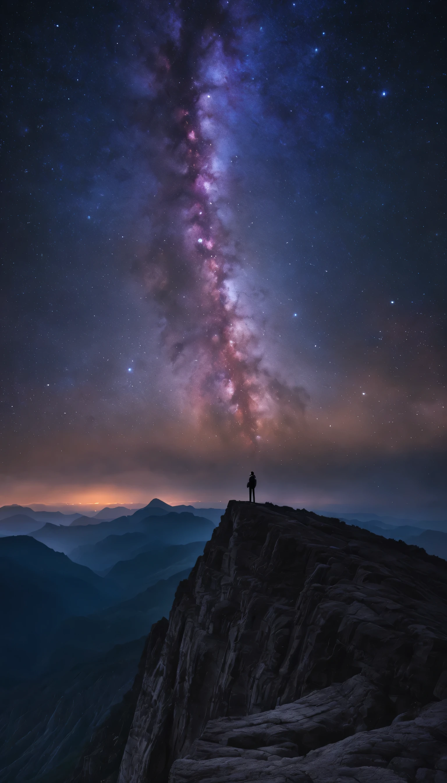 Starlight Wanderer: A lone figure stands atop a towering mountain peak, their silhouette outlined against a breathtaking expanse of starry sky. Capture a RAW portrait masterpiece, focusing on the vastness of the cosmos, the delicate glow of the stars, and the sense of solitude and awe. (Best HD detailed, High quality, 32k)