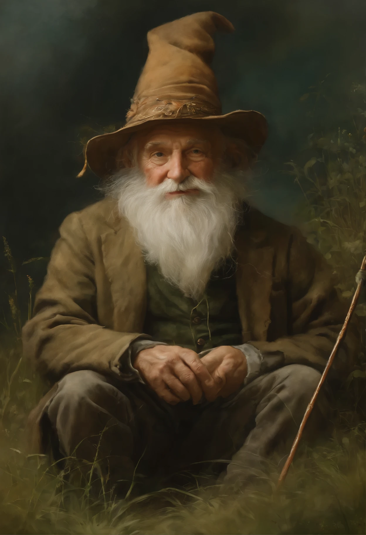 Painting of a man with a hat and cane, sitting in the grass, Brian Froud Juan Jimenez, jean - baptiste monge, portrait of a gnome called eldon, Jean Baptiste monge, Monge Jean-Baptiste Monge, Brian Froude's style, Tony Dieterlizzi, Brian and Wendy Froud