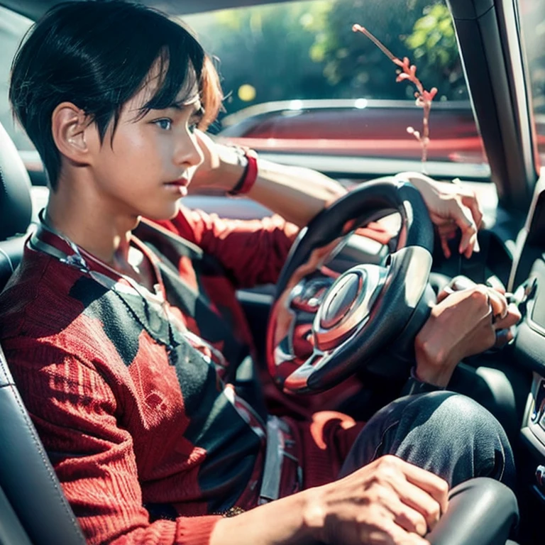 A boy with car drink red vine stret