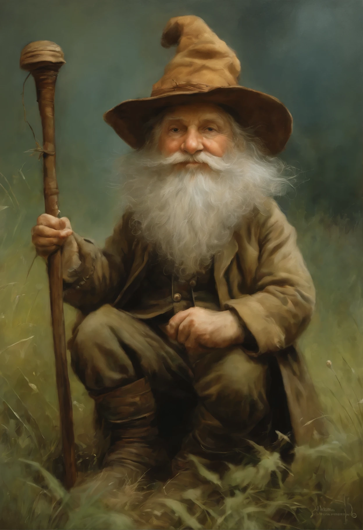 Painting of a man with a hat and cane, sitting in the grass, Brian Froud Juan Jimenez, jean - baptiste monge, portrait of a gnome called eldon, Jean Baptiste monge, Monge Jean-Baptiste Monge, Brian Froude's style, Tony Dieterlizzi, Brian and Wendy Froud