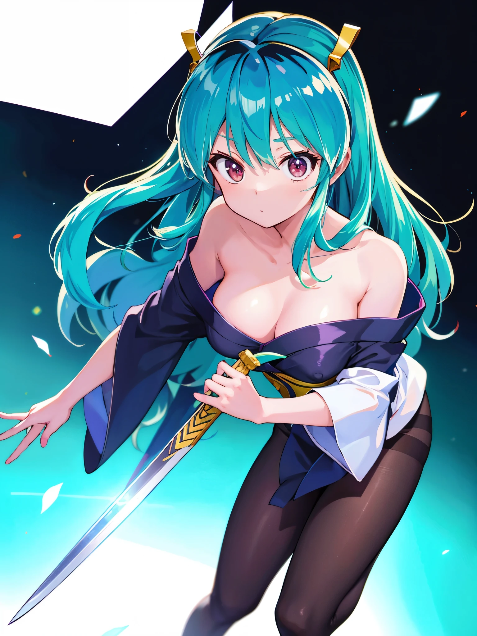 (1girl in),(High quality), (hight resolution), (Highly detailed), (in 8K),(lower body shot),Ram from Urusei Yatsura is wearing a swordsman's kimono.),(Wearing black pantyhose)No shoes,Perfect Lighting,(Beautifully erect nipple shape:1.1),hight resolutionの美しい目,(Neutral white lighting:1.2),simple background,