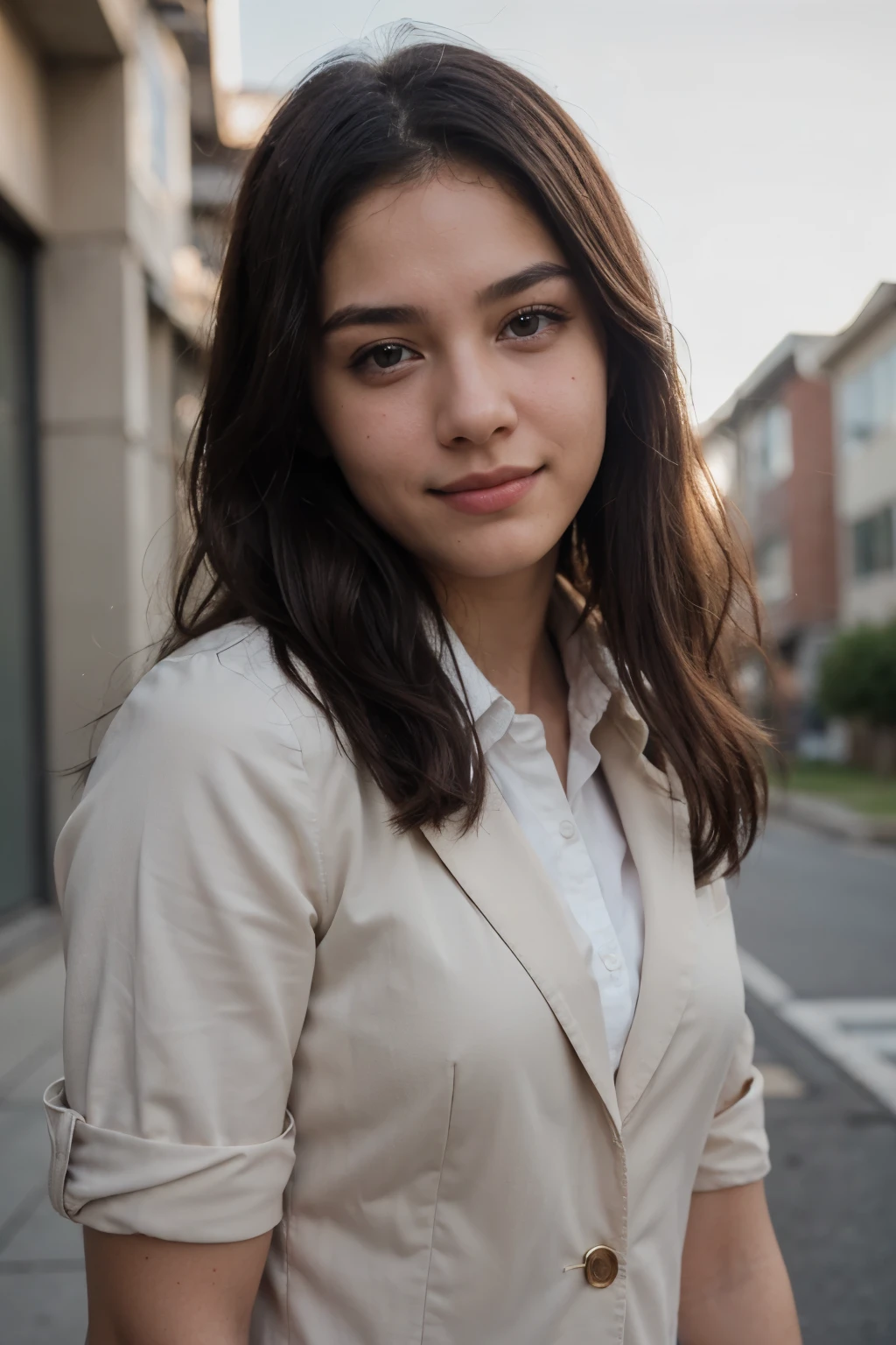 (top-quality,8K picture quality,masterpiece:1.3),(A high resolution,Photorealsitic:1.4,Raw photography),(ultra-detailliert,Caustics,Detailed background),(Ultra-realistic capture,Beautifully detailed skin,perfect anatomia),at the sunset,Sunset sky,school buildings,school ground,18year old ,Kawaii,Single eyelid,Black hair short messy ,School Blazer Uniform,Looking at the camera,A smile,Bust-up shot,natural soft light