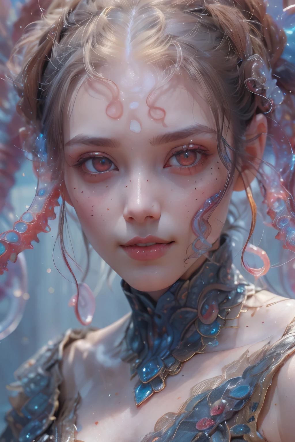 Portrait, (beautiful female alien:1.2), (she has red eyes with no pupils:1.8), (Translucent skin:1.7), (There is a female genital-like organ in the middle of the forehead:1.9), (The most beautiful face in the history of the universe:1.2),an evil gaze that seduces, (large mouth:1.1), (sharp teeth like a vampire:1.2), Full body like, (bio luminescent:1.5), (Smile wickedly:1.3), (sexypose:1.5), alien, No humans, cells are fused, (Lots of translucent tentacles:1.3) extraterrestrial, cell, bio image, Best Quality, 8K,4K_quality, High Definition, Dramatic Lighting, masutepiece:1.5,cinematic quality, detail up, (Intricate details:1.2), High resolution, High Definition, drawing faithfully, (Thick eyebrows:1.2), Beautiful eyes with fine symmetry,(Highly detailed face and eyes:1.2), Intimate face, (Super detailed skin quality feeling:1.4), Perfect Anatomy, (Beautiful toned body:1.5), (Moist skin:1.2), No makeup, (dark circles:1.1), long canines, cinematic drawing of characters, ultra high quality model, cinematic quality, detail up, (Intricate details:1.2), High resolution, High Definition, drawing faithfully, Official art, Unity 8K wall , 8K Portrait, Best Quality, Very High resolution, ultra detailed artistic photography, midnight aura, unreal enginee 5, Ultra Sharp Focus, art by alberto seveso, ArtGerm, Roisch, intricate artwork, best quality, masutepiece, ultra High resolution, (photos realistic:1.4), Ultra-realistic realism, dream-like, nautilus, Creation of fantasy, Snail, Dream Snail, biopunk nautilus, Thrilling color schemes, Ultra-realistic realism, seductively smiling, Blue tentacles,