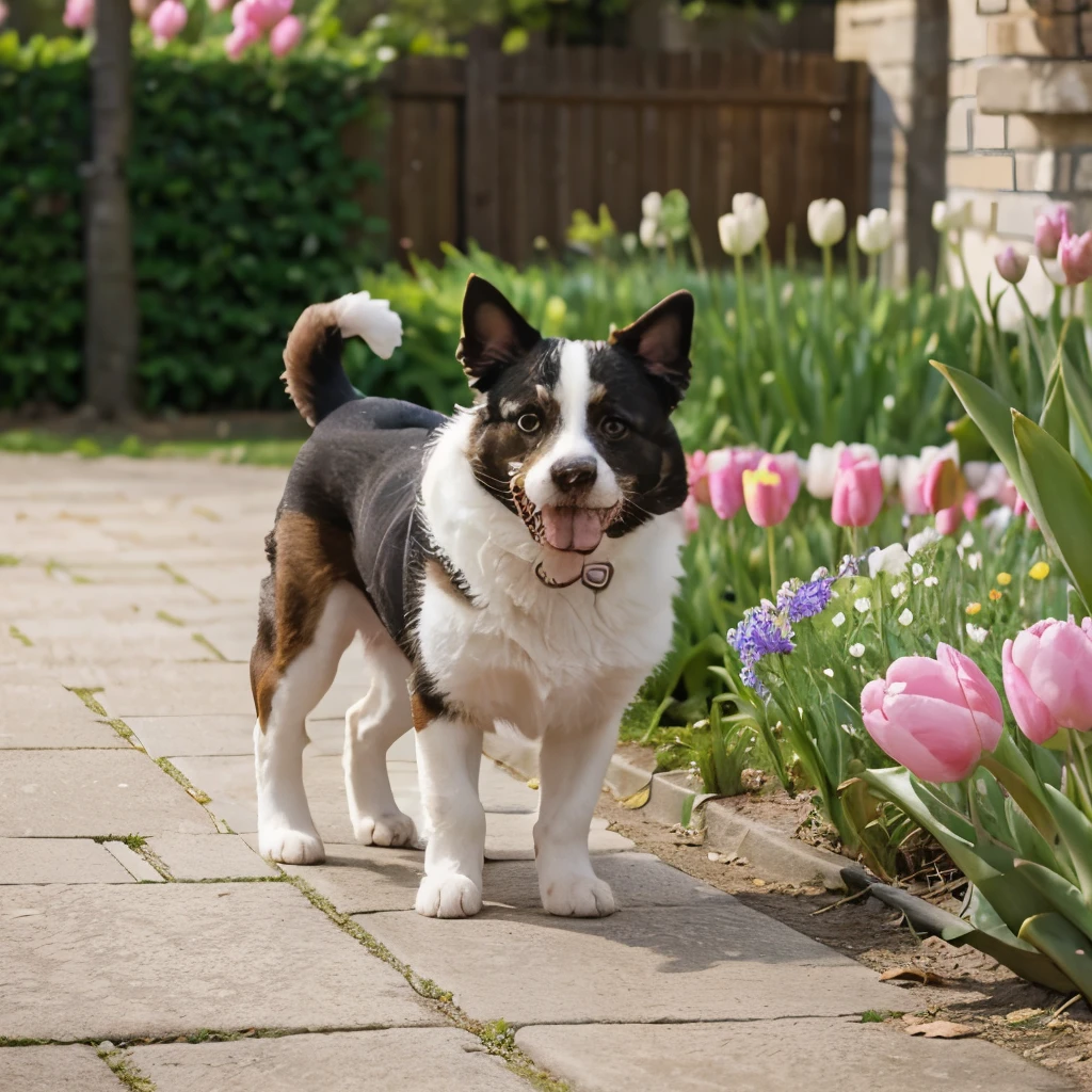 Dog walking with cute cat in flower garden, Pink tulips don&#39;t need people.