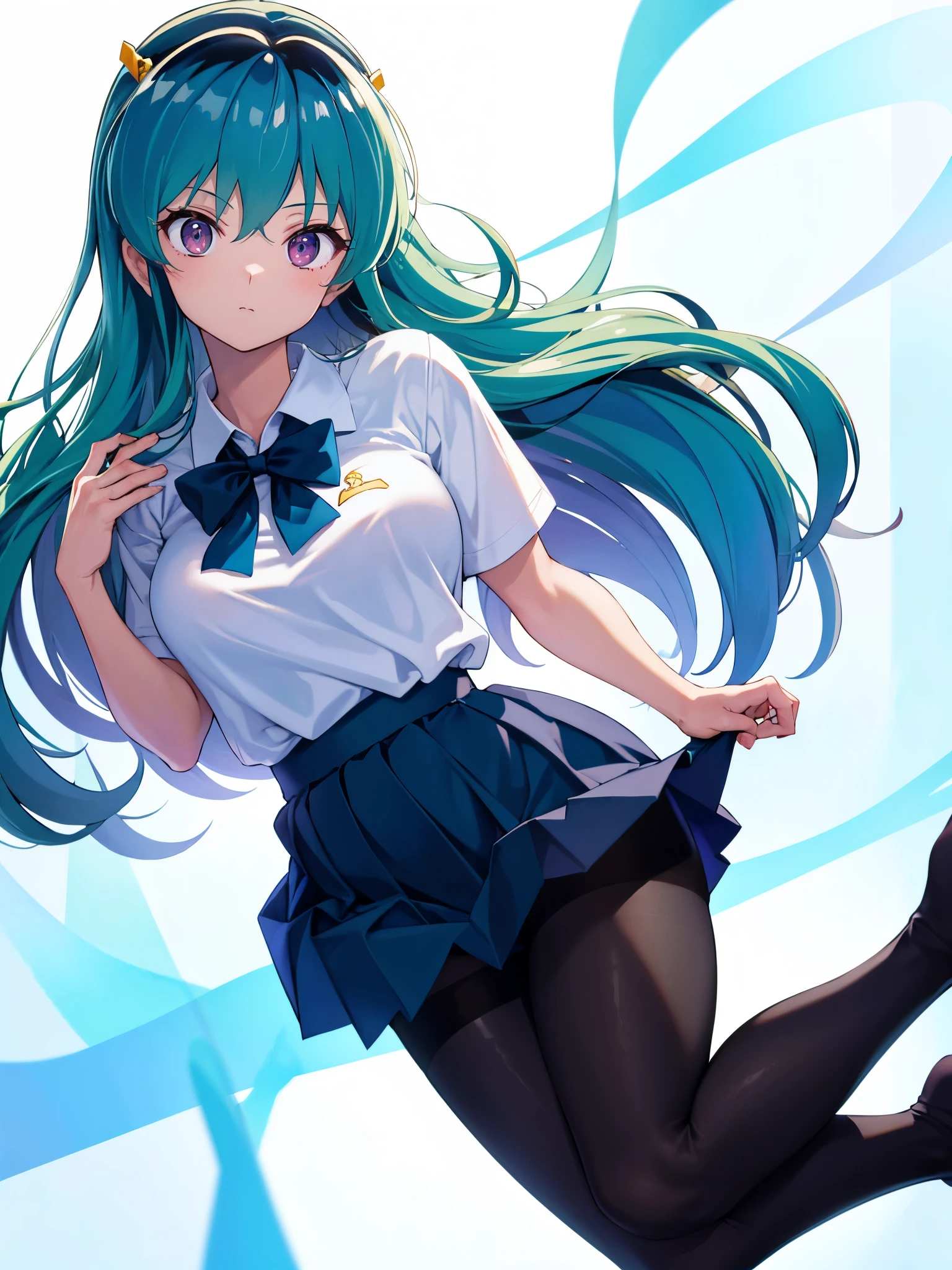 (1girl in),(High quality), (hight resolution), (Highly detailed), (in 8K),(lower body shot),Ram from Urusei Yatsura is wearing a school uniform and a navy pleated skirt.),(Wearing black pantyhose)No shoes,Perfect Lighting,(Beautifully erect nipple shape:1.1),hight resolutionの美しい目,(Neutral white lighting:1.2),simple background,