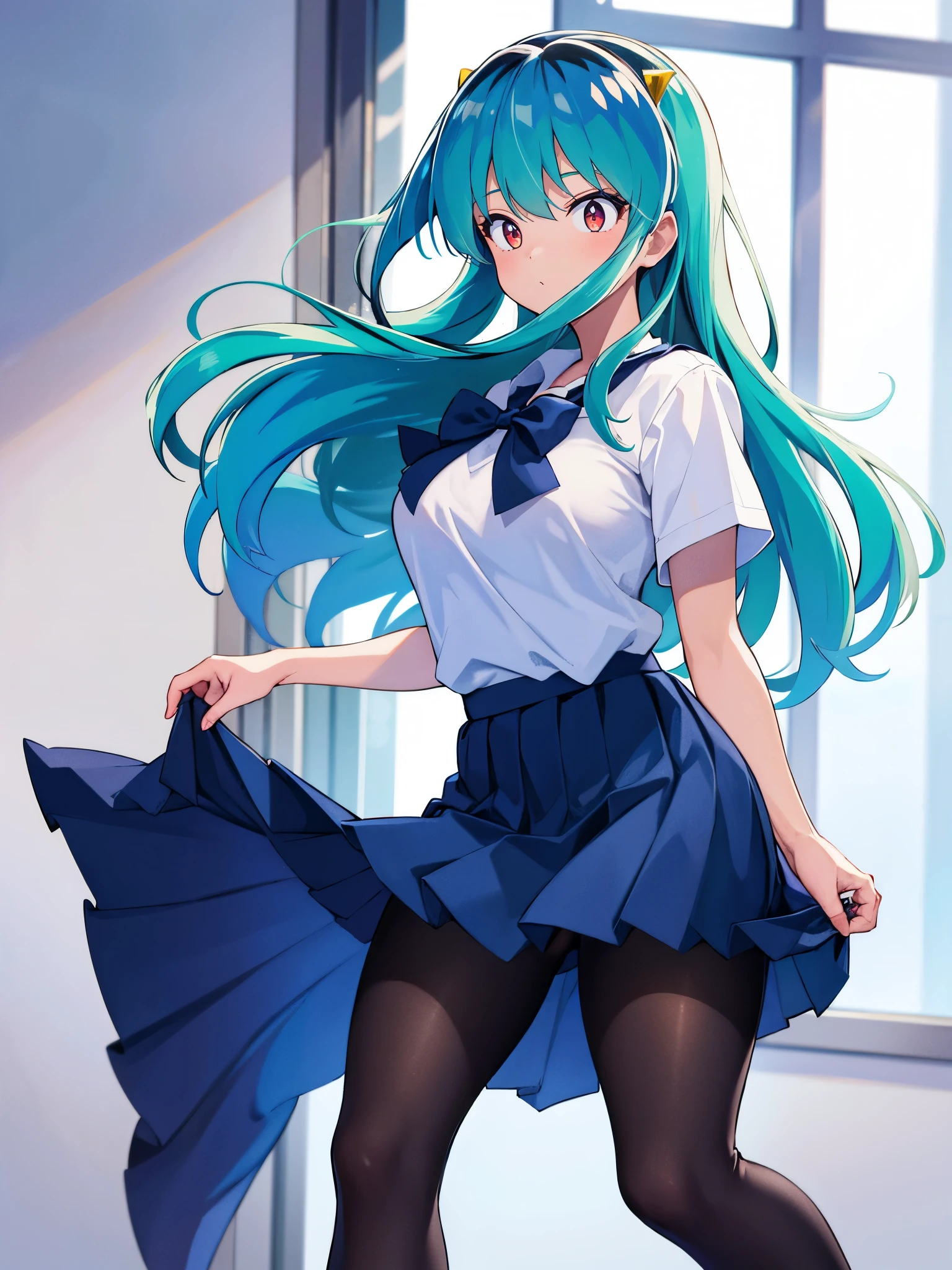 (1girl in),(high quality), (hight resolution), (Highly detailed), (in 8K),(lower body shot),Ram from Urusei Yatsura is wearing a transparent school uniform and a navy pleated skirt.),(Wearing black pantyhose)No shoes,perfect writing,(Beautifully erect nipple shape:1.1),hight resolutionの美しい目,(Neutral white lighting:1.2),simple background,