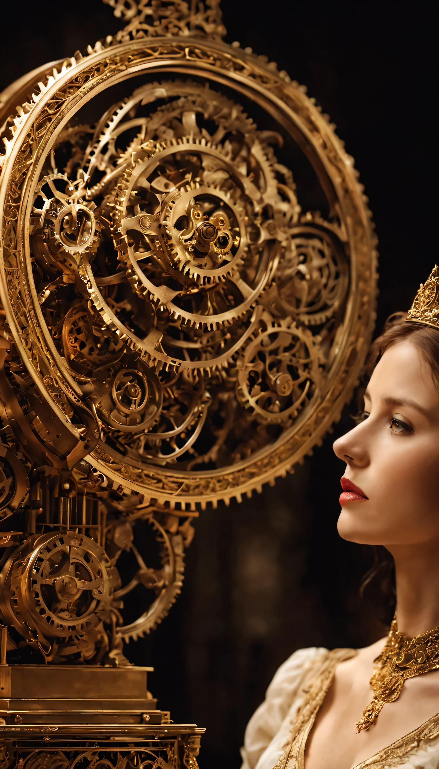Mechanical Elegance: A clockwork automaton, crafted with intricate gears and delicate golden filigree, stands motionless yet captivating in a dimly lit workshop. Create a RAW portrait masterpiece, focusing on the intricate details of its construction, the soft glow of the lamplight, and the sense of mechanical beauty and artistry. (Best HD detailed, High quality, 32k)