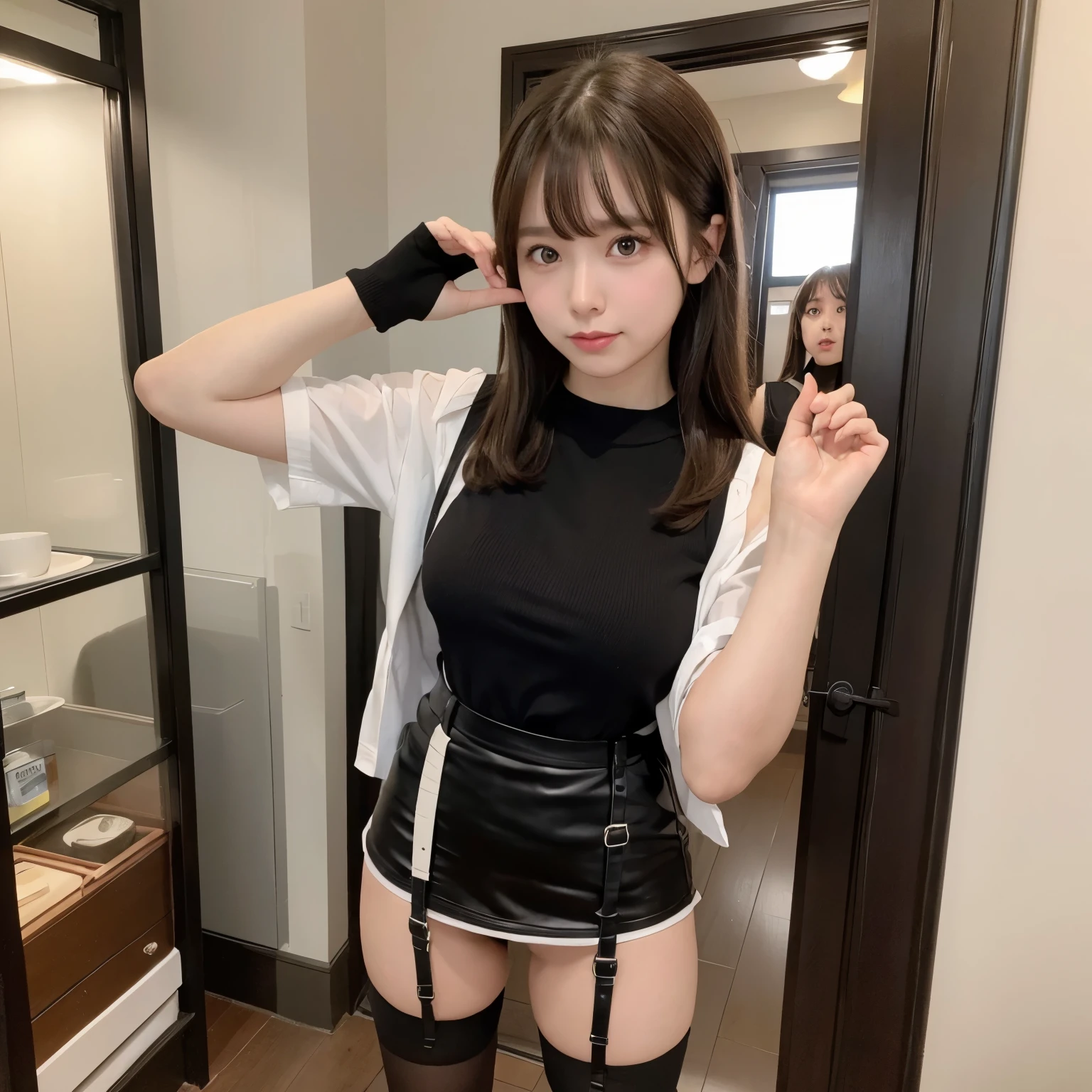 Brown hair、watching at viewers　　suspenders　　　Bulging big breasts　　 　 　　　　Black miniskirt　garterbelts　knee high socks　　　　　　Gaze　　　Small face　bangss 　　　　　Beautuful Women　　hands up　　 　Gaze 　Black boots 　provocation　　Armpit sweat　soio 　　Fold your hands behind your back　Tank tops