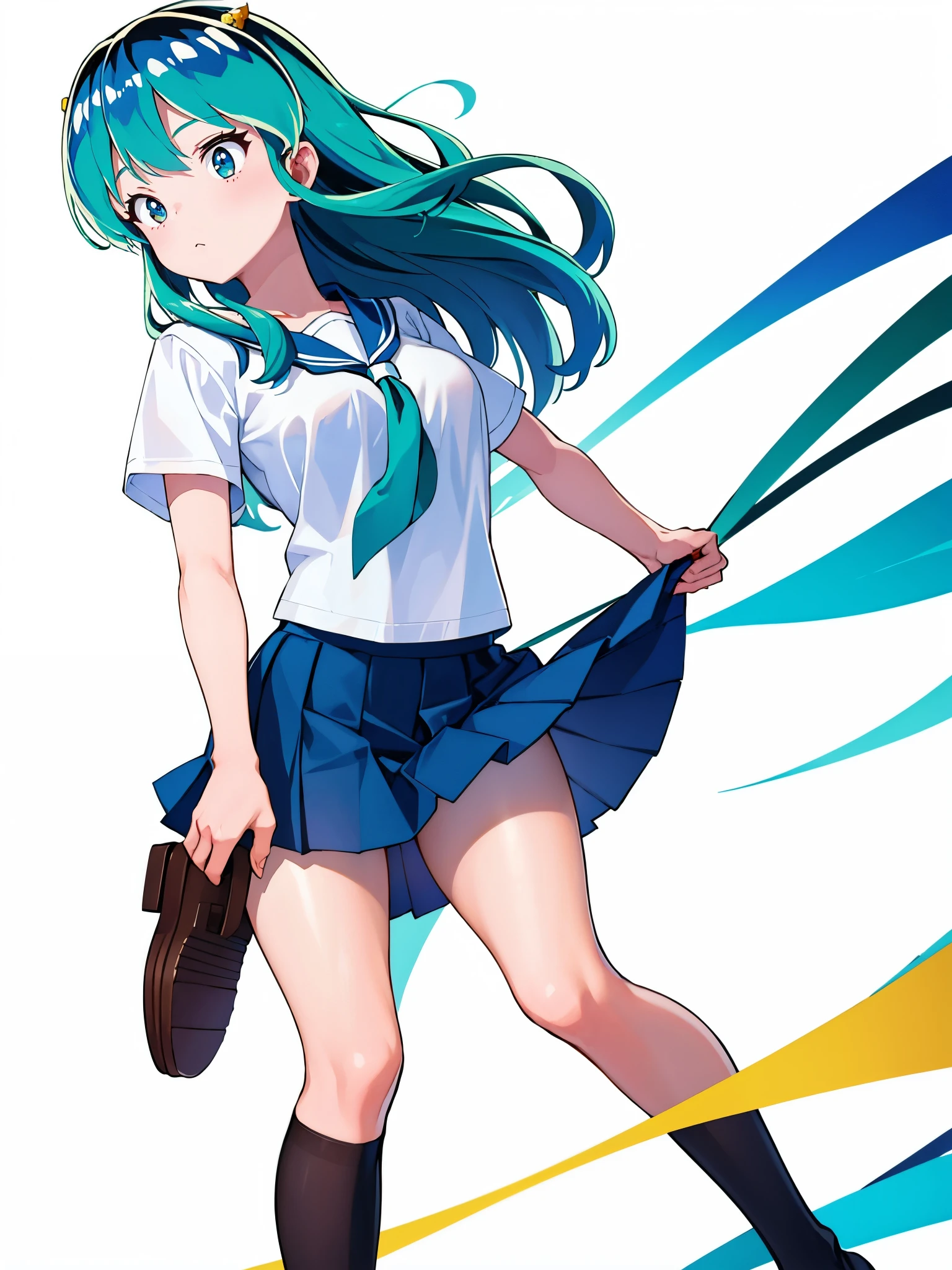 (1girl in),(High quality), (hight resolution), (Highly detailed), (in 8K),(lower body shot),Ram from Urusei Yatsura is wearing a school uniform and a navy pleated skirt.),(Wearing black pantyhose)No shoes,Perfect Lighting,(Beautifully erect nipple shape:1.1),hight resolutionの美しい目,(Neutral white lighting:1.2),simple background,