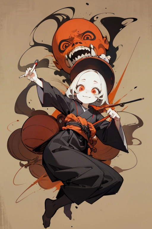 Outline warm color, angle, (((jumpscare))), festival, horrific, scribble, (yokai), (masterpiece), (high resolution), (super delicate), (Clear), full body, warm color, Japanese painting, (snapshot), bugaboo, nightmare, (eerie), (horror elements), Japanese carving, primitive art, old picture scroll style, old staging, Ancient mural style, cartoon style, rough sketch, Crazy illustrations, antique, Dark atmosphere, flat illustration, doll-like face, horror factor, Crazy smile, spooky look, Distinctive hair style, Creative accessories, individualistic atmosphere