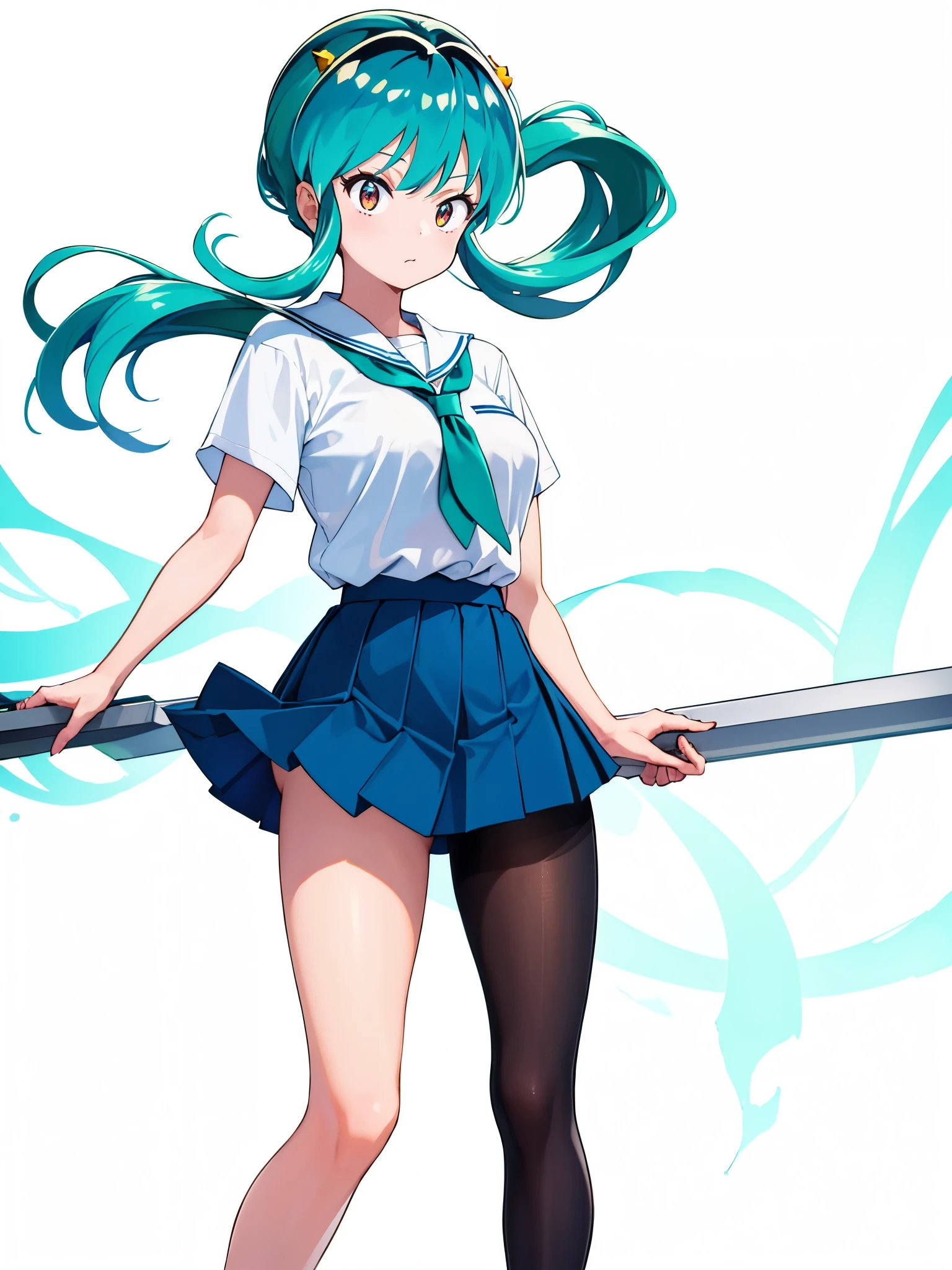 (1girl in),(High quality), (hight resolution), (Highly detailed), (in 8K),(lower body shot),Ram from Urusei Yatsura is wearing a school uniform and a navy pleated skirt.),(Wearing black pantyhose)No shoes,Perfect Lighting,(Beautifully erect nipple shape:1.1),hight resolutionの美しい目,(Neutral white lighting:1.2),simple background,