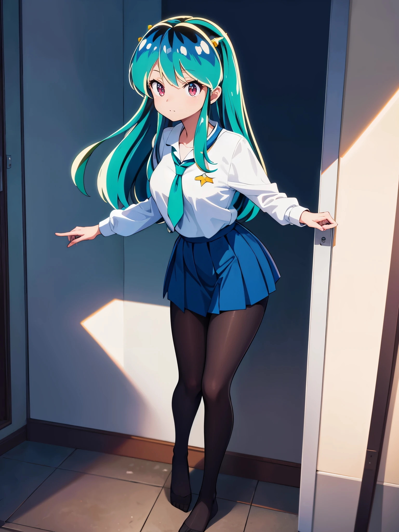 (1girl in),(High quality), (hight resolution), (Highly detailed), (in 8K),(lower body shot),Ram from Urusei Yatsura is wearing a school uniform and a navy pleated skirt.),(Wearing black pantyhose)No shoes,Perfect Lighting,(Beautifully erect nipple shape:1.1),hight resolutionの美しい目,(Neutral white lighting:1.2),simple background,